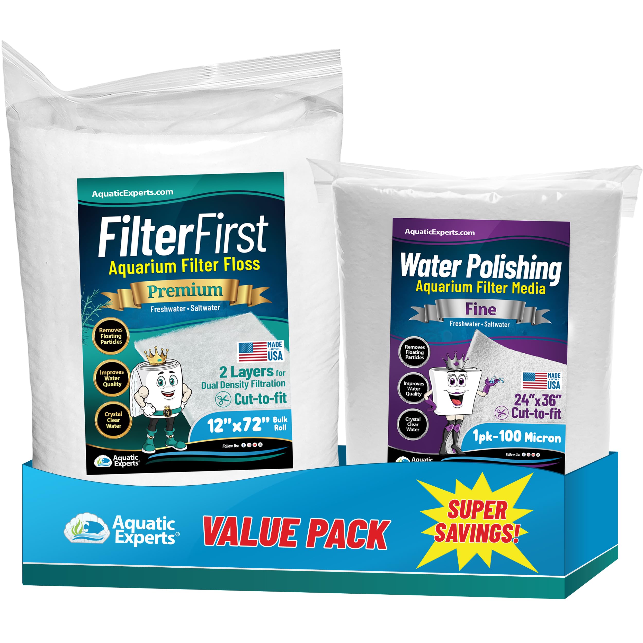 Aquarium Filter Floss for Fish Tank Filters - FilterFirst Aquarium Filter Pad - Media Roll for Crystal Clear Water, Aquatic Experts, 3/4" - 1" Thick (12 Inch Wide, Value Pack)