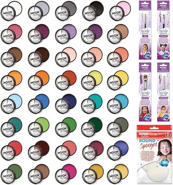 Moon Creations Pro Face & Body Makeup | 40 Colour Set | 36g | Professional Colour Paint Cake Pots for Face Painting | Face Paint For Kids, Adults, Fancy Dress, Festivals, Halloween