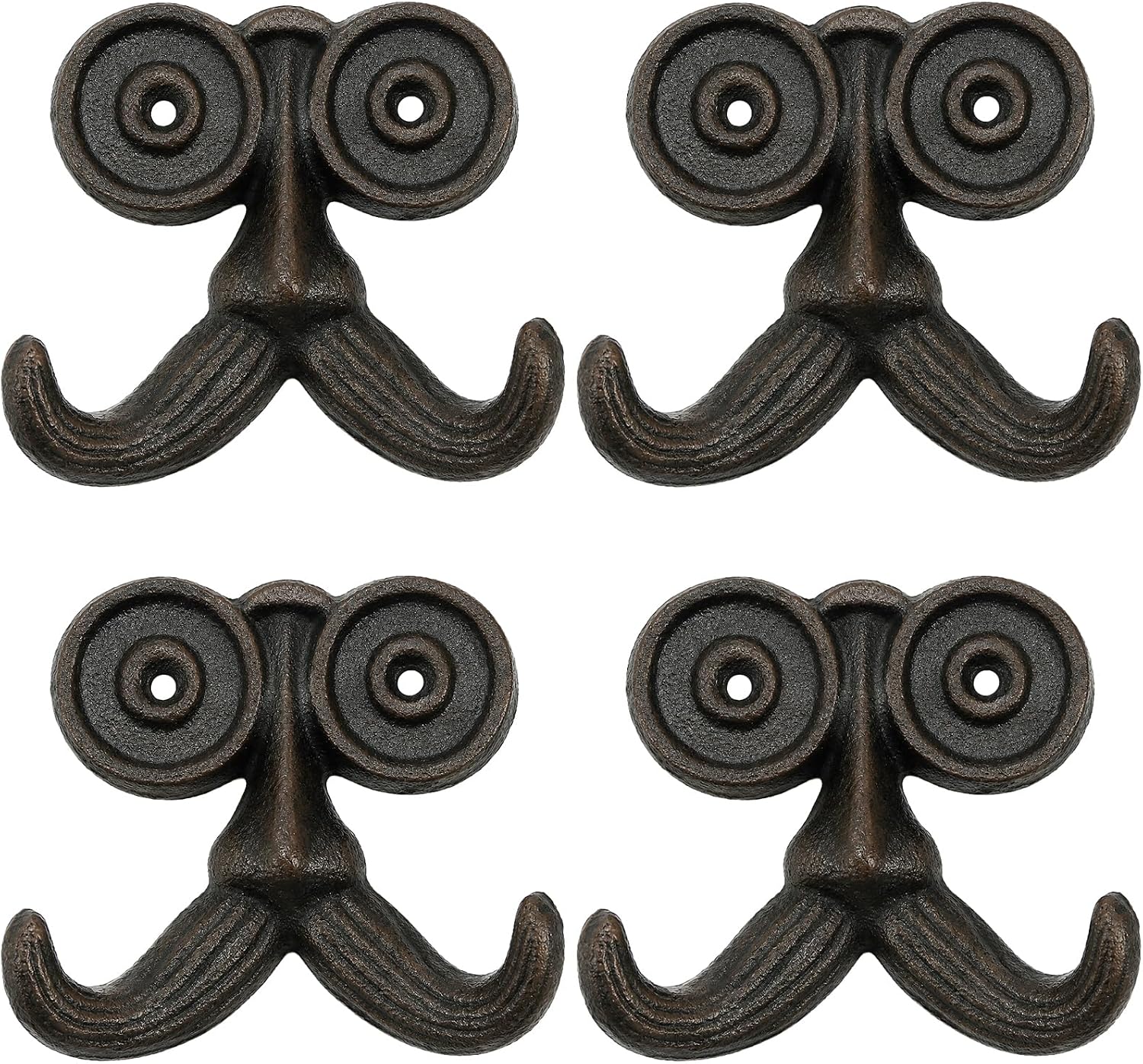 Foraineam 4 Pcs Cast Iron Hook Heavy Duty Vintage Wall Hooks for Hanging, Rustic Coat Hook, Art Decorative Antique Beard Shape Wall Hanger with 2 Hooks and Screws for Coat Scarf Towel Key Bag Cap