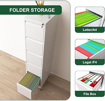 Metal Vertical File Cabinet with 5 Drawer & Wheels, Mobile Filing Cabinets with Lock & Keys, Locking Heavy Duty Storage Cabinet for A5/Letter/Legal Size File, Assembly Required, White