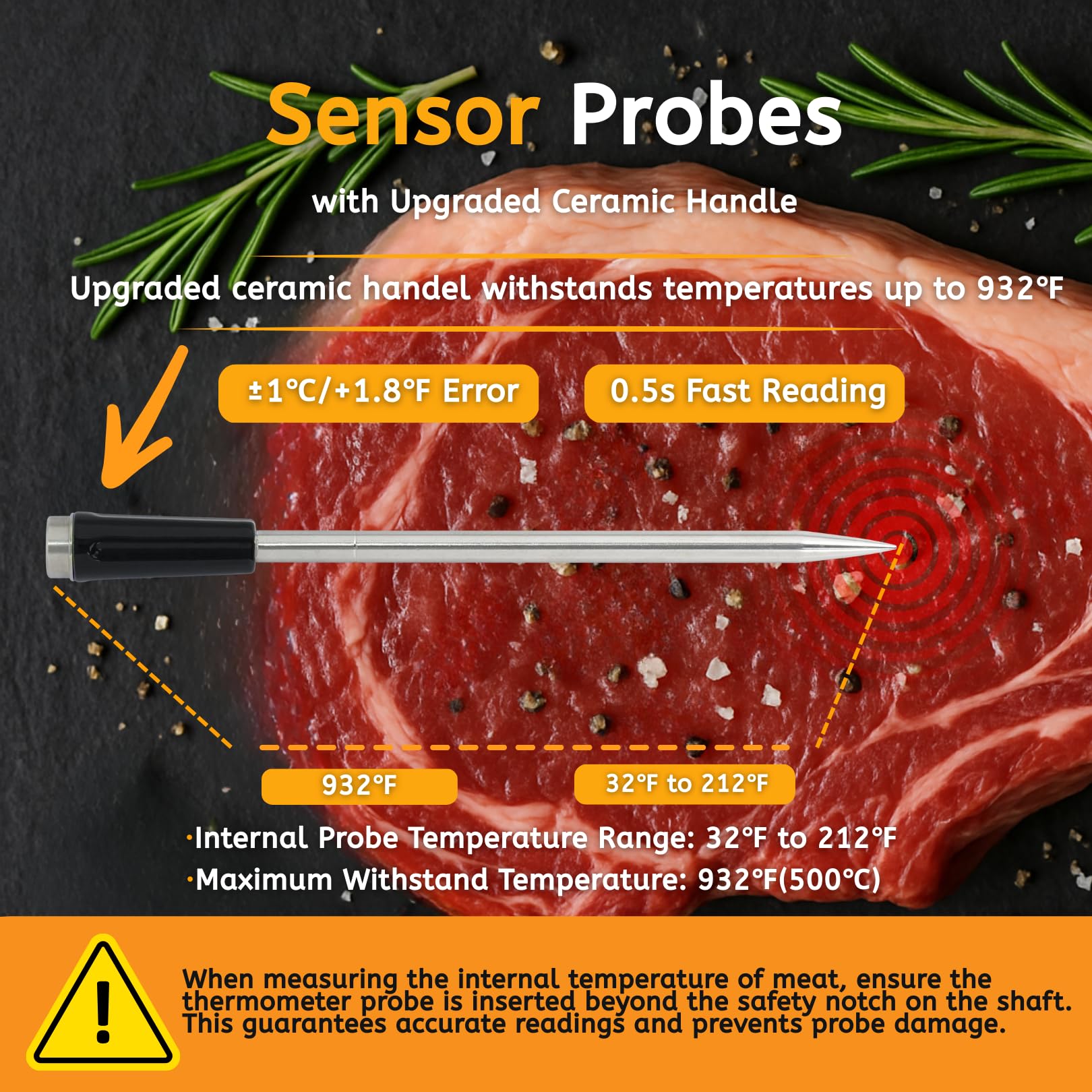Termometro digitale per carne, wireless, con Bluetooth 5.3, con controllo tramite app, sonda in ceramica impermeabile ad alta precisione, ricarica rapida e magnetico, per forno, grill, barbecue