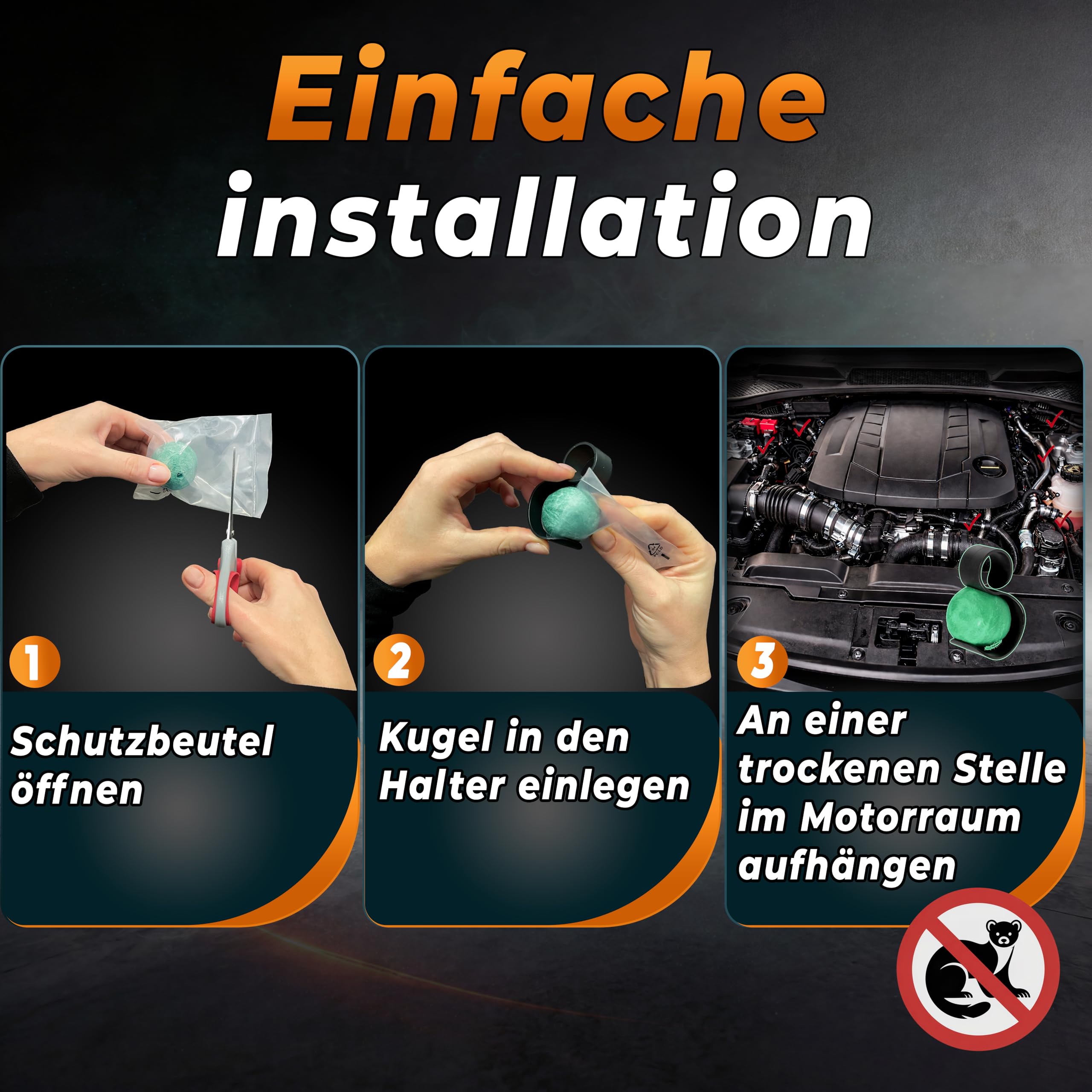 Spaventapasta martore auto – Repellente per martore con olio di eucalipto – espelle martore dal vano motore, sottotetto e garage – 4 sfere profumate + supporto a sfera – Protezione a lunga