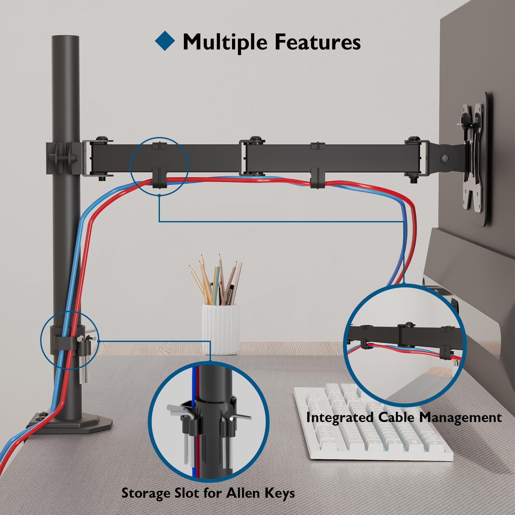 BONTEC Bras Ecran PC Réglable 13-32 Pouces, Charge 8 kg, VESA 75/100 | Support Ecran PC Hauteur 425 mm, Pince en C jusqu’à 10 cm, Inclinaison 240°, Rotation 360°