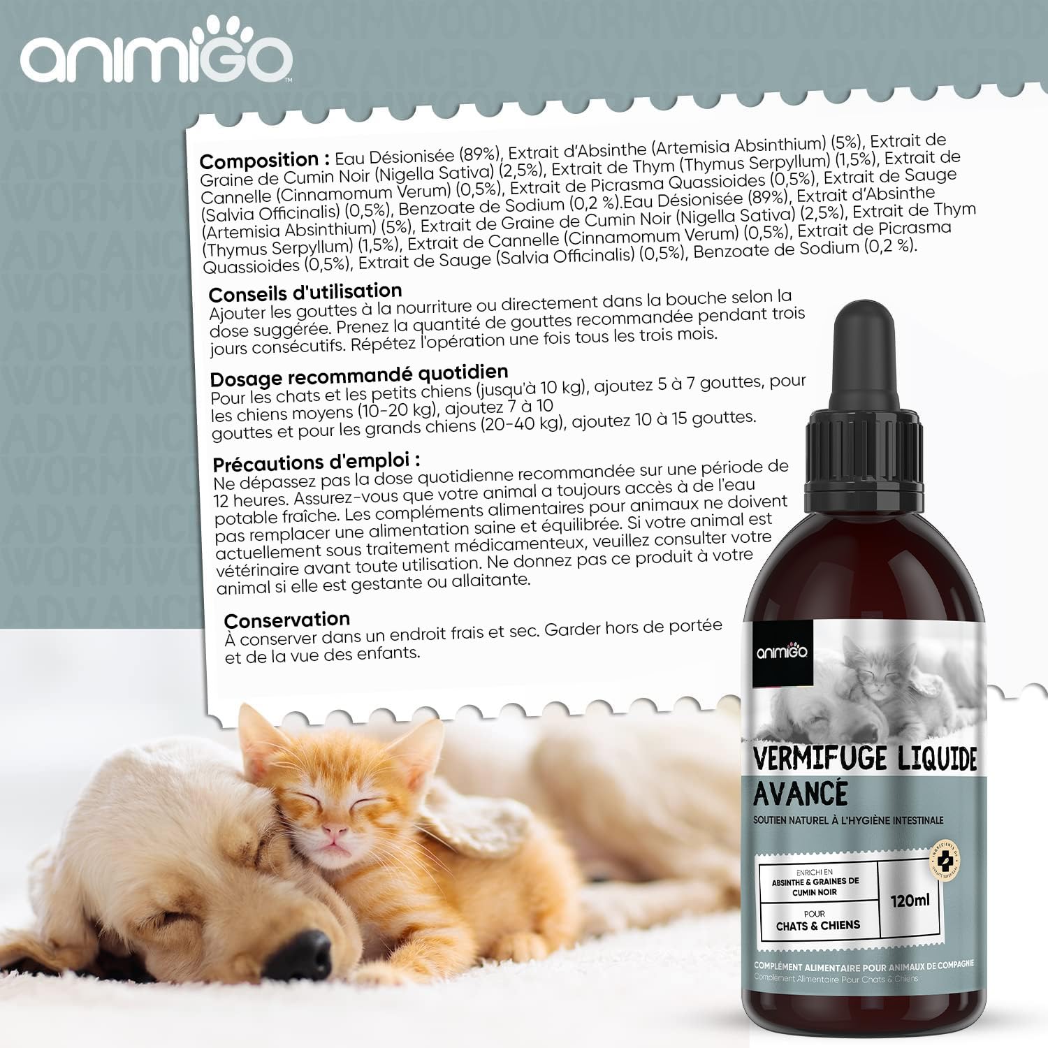 Vermifuge Chat Chien, Vermifuge Liquide en Pipette 120 ML, Origine Naturelle, 2-4 Ans d'Approvisionnement, Anti-vers, Anti-Parasite, Toutes Les Races et Tailles, Chaton et Chiot