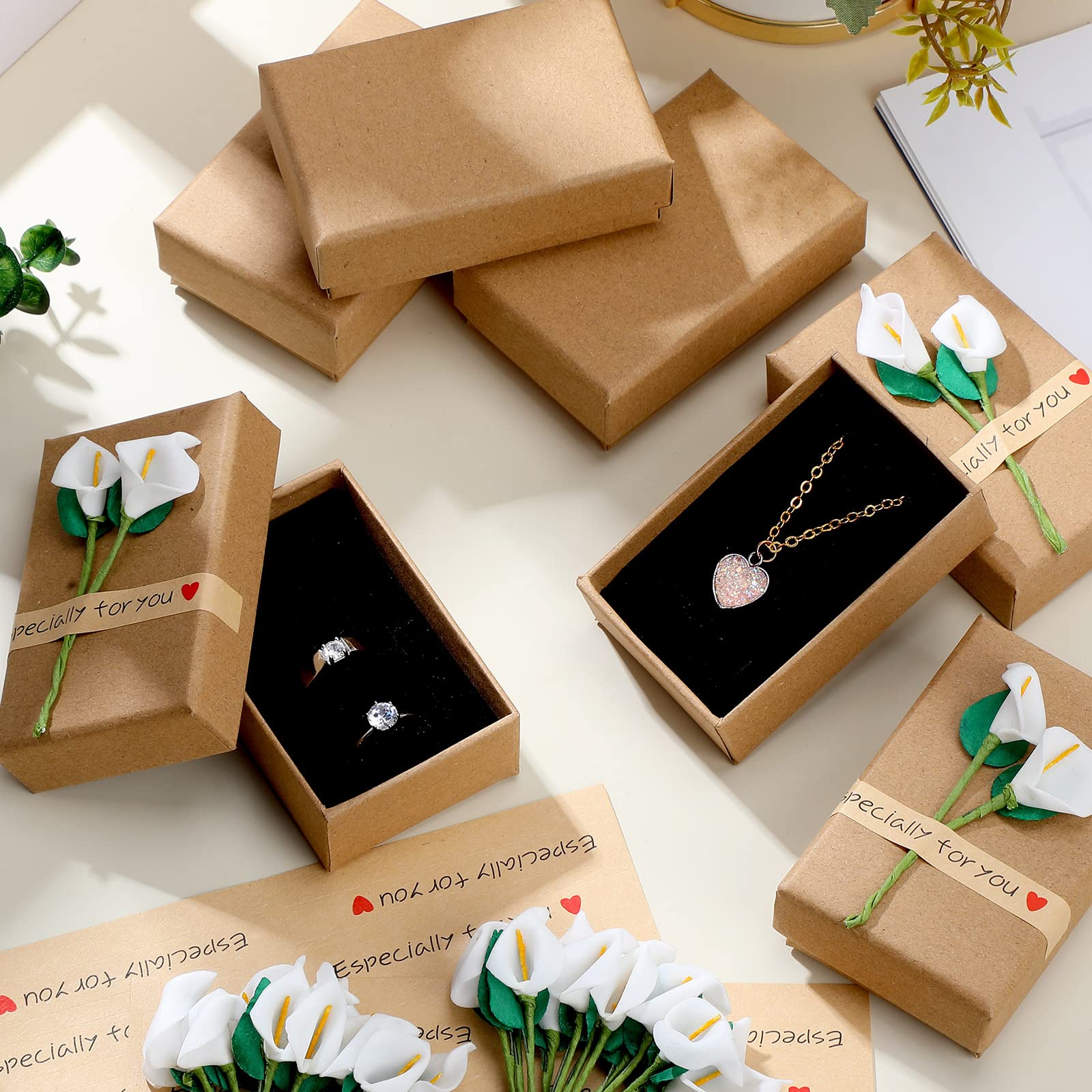 36 Pack Lily Flower Jewelry Gift Boxes - Small Kraft Paper Boxes With Foam Padding 2.2x3.4x1.1 In