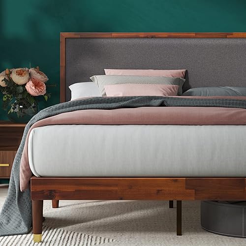 ZINUS Raymond Wood Platform Bed Frame with Adjustable Upholstered Headboard, Solid Wood Foundation, Wood Slat Support, No Box Spring Needed, Easy Assembly, Queen