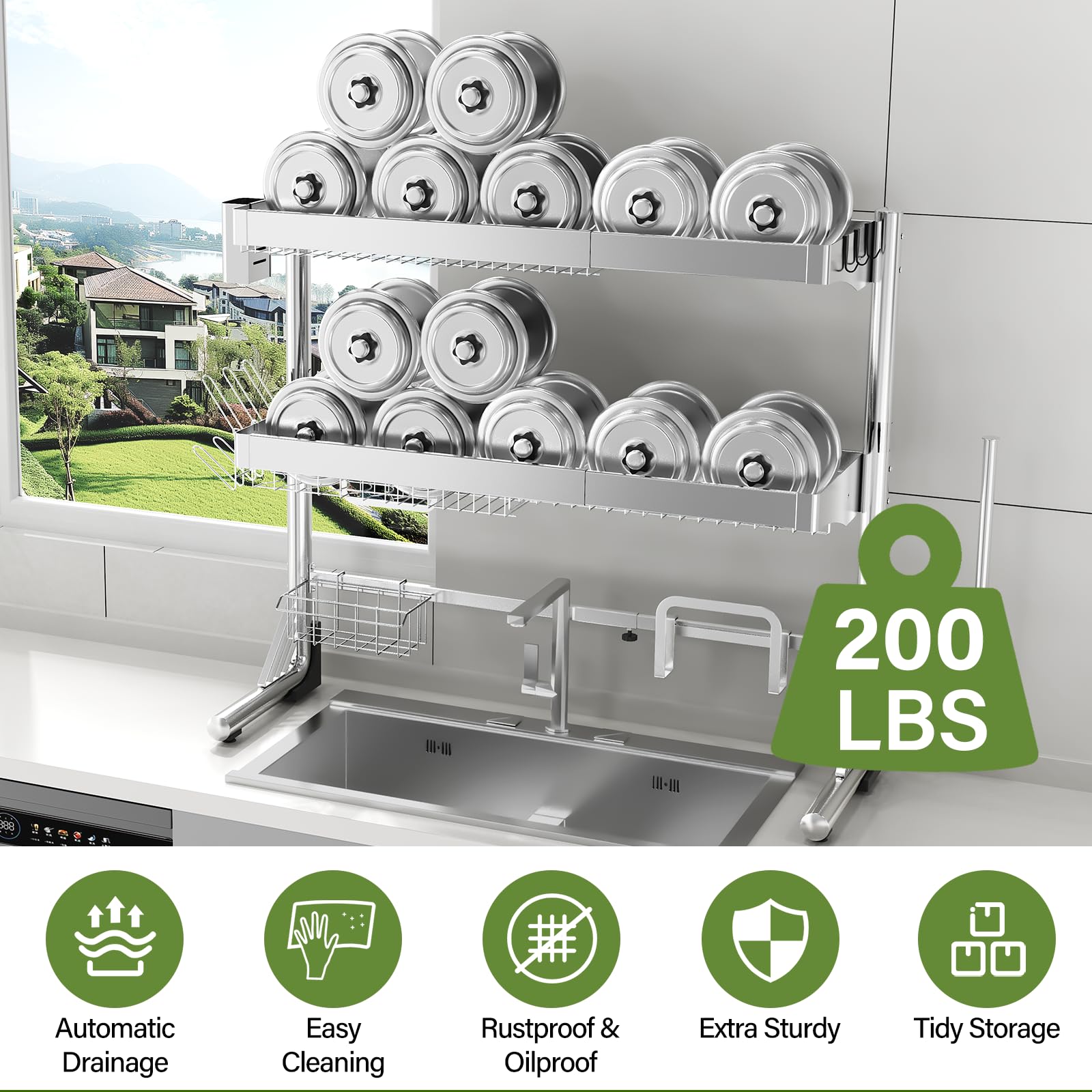 Escurridor de platos sobre el fregadero de 3 niveles, longitud ajustable de 20.8 a 33.4 pulgadas, estante de secado de platos completo de acero inoxidable, estante de fregadero de cocina