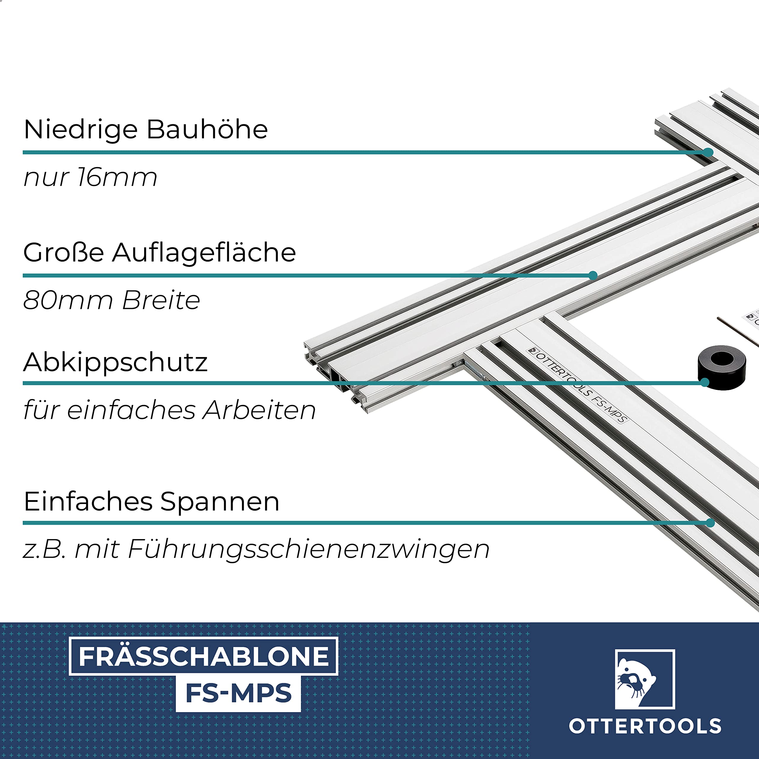Szablon do frezowania FS-MPS do prostokątnych wycięć z frezarką górnowrzecionową – regulowany (500 mm x 300 mm)
