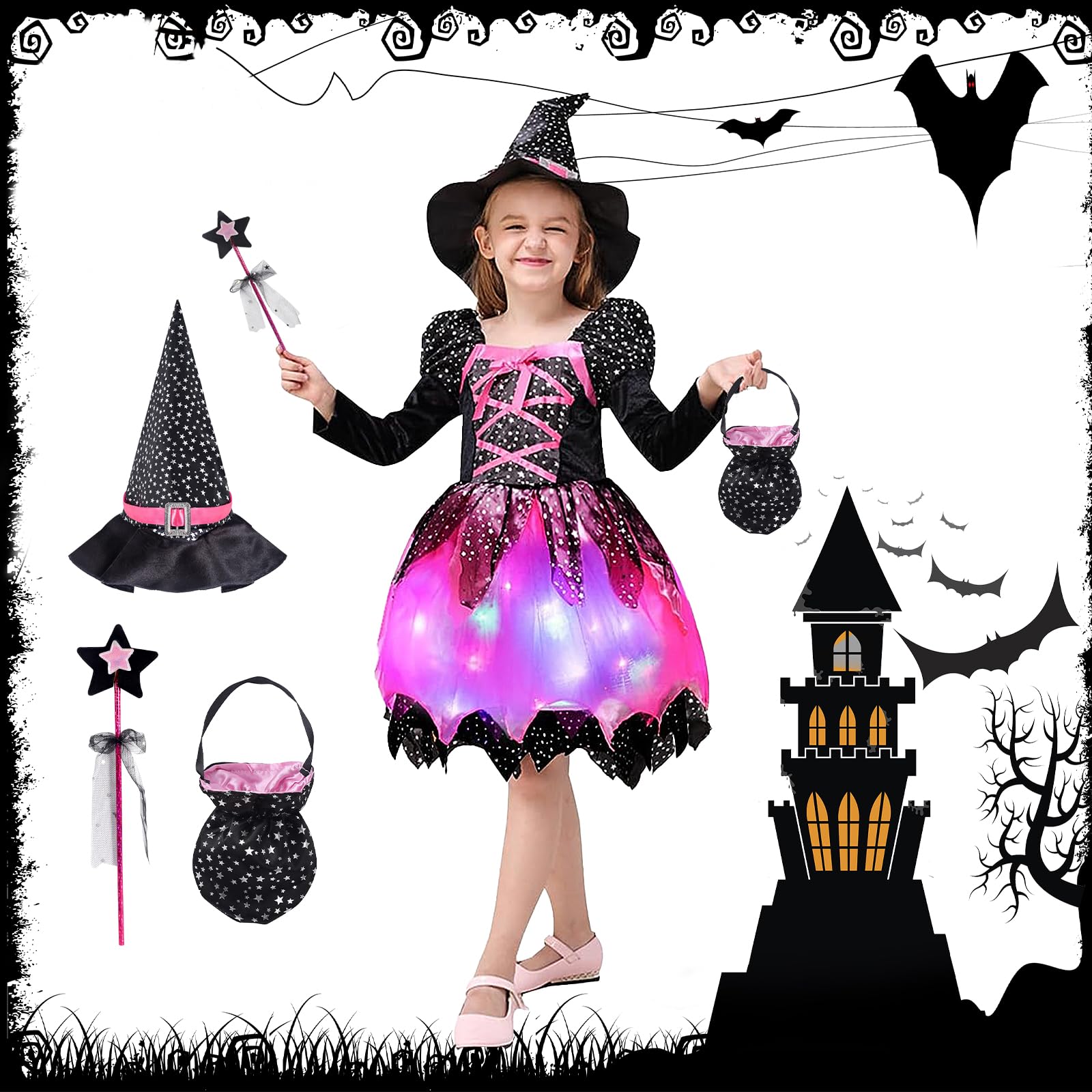 BGIUSQF Disfraz de Bruja para Niña, Disfraz Halloween Niña, LED Vestido de Bruja para Niña, Con Gorro, Varita Mágica y Bolsa de Caramelos, para Halloween, Carnaval, Cosplay, Girls' Witch Traje 120 cm