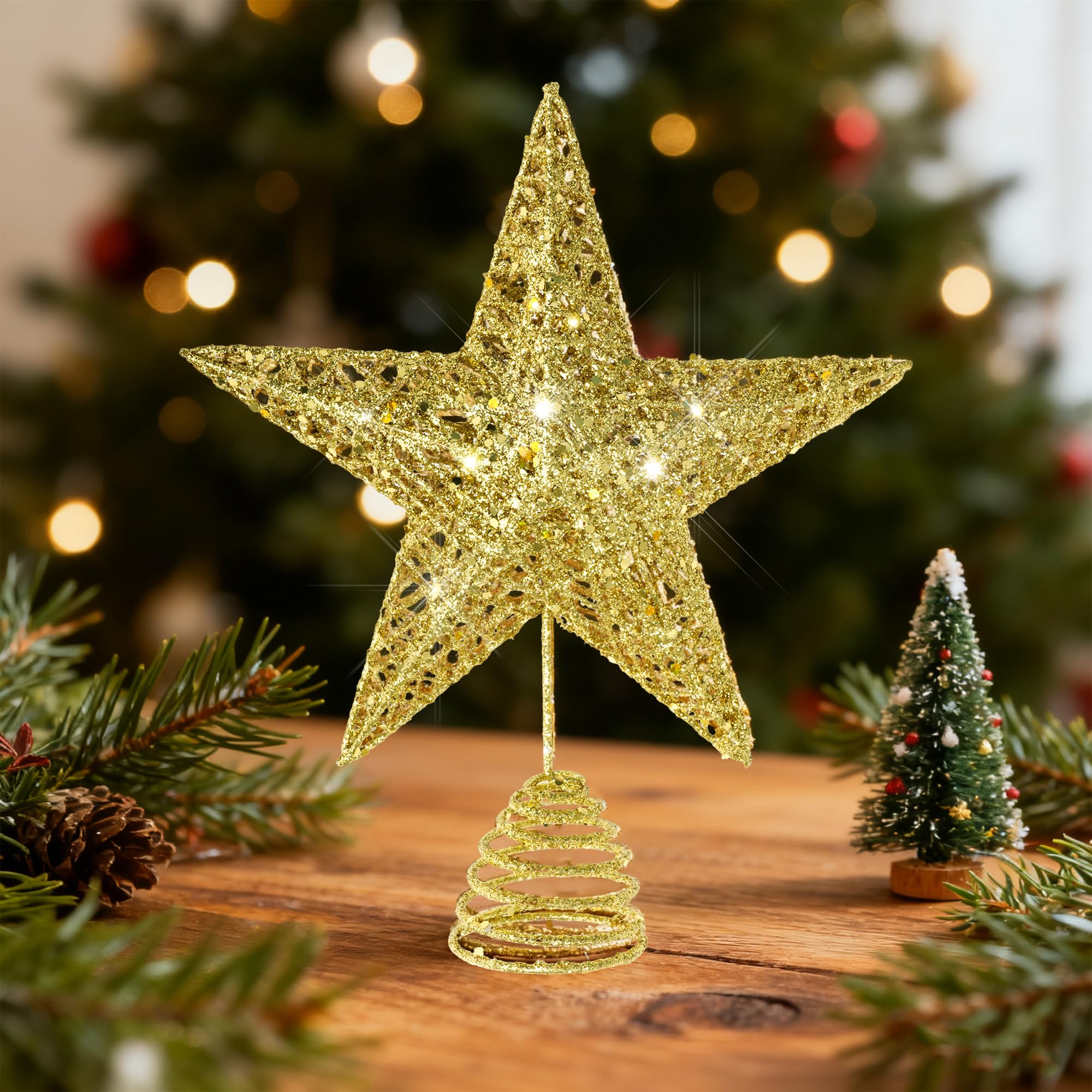 Glitzernde Weihnachtsbaumspitze, hohler Draht, Stern, Weihnachtsbaumspitze, Ornament (Gold)