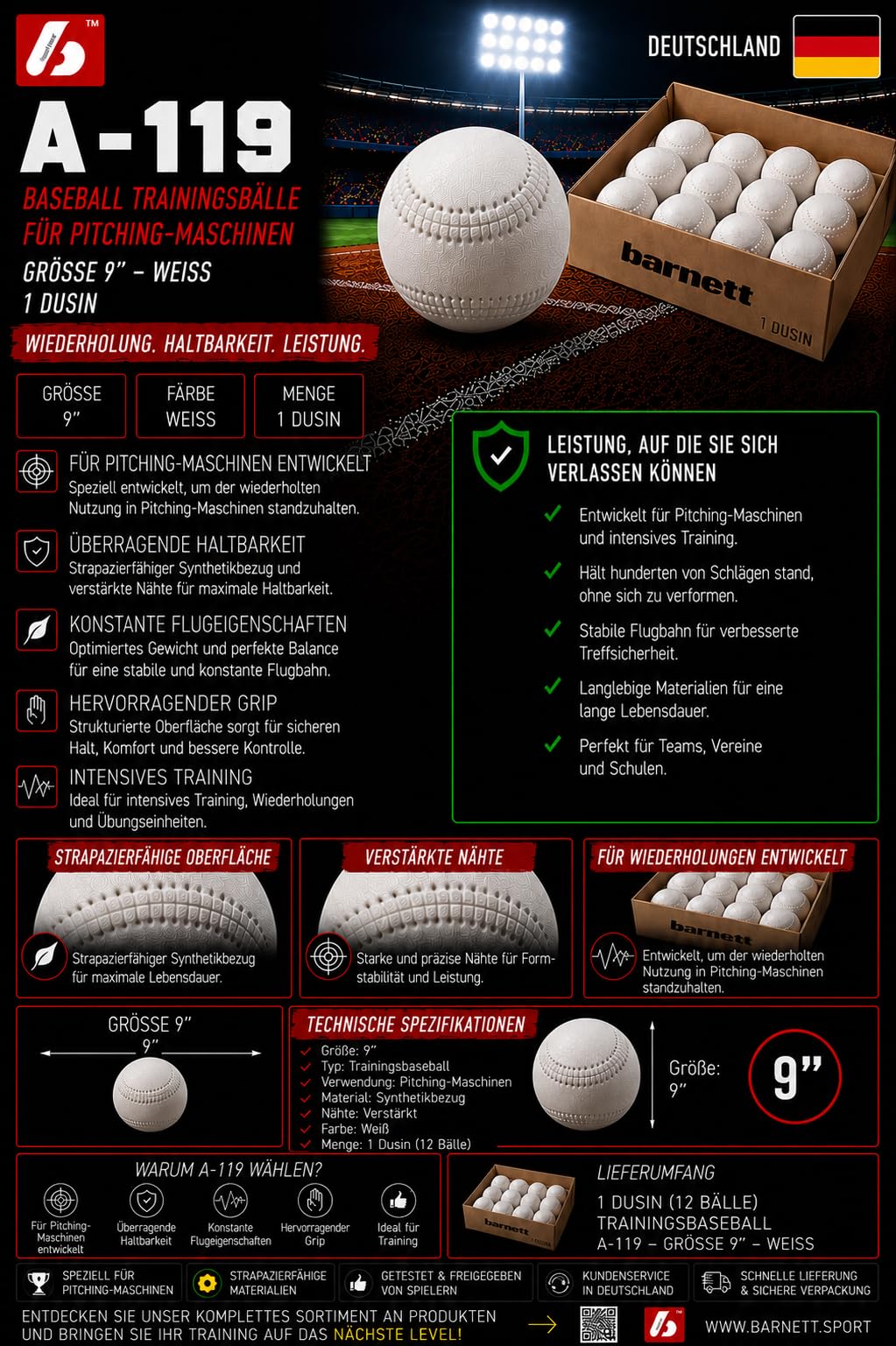 BARNETT A-119 Pelota de béisbol de Goma de la Espuma para la máquina del Lanzamiento, tamaño 9", Blanca, 1 docena