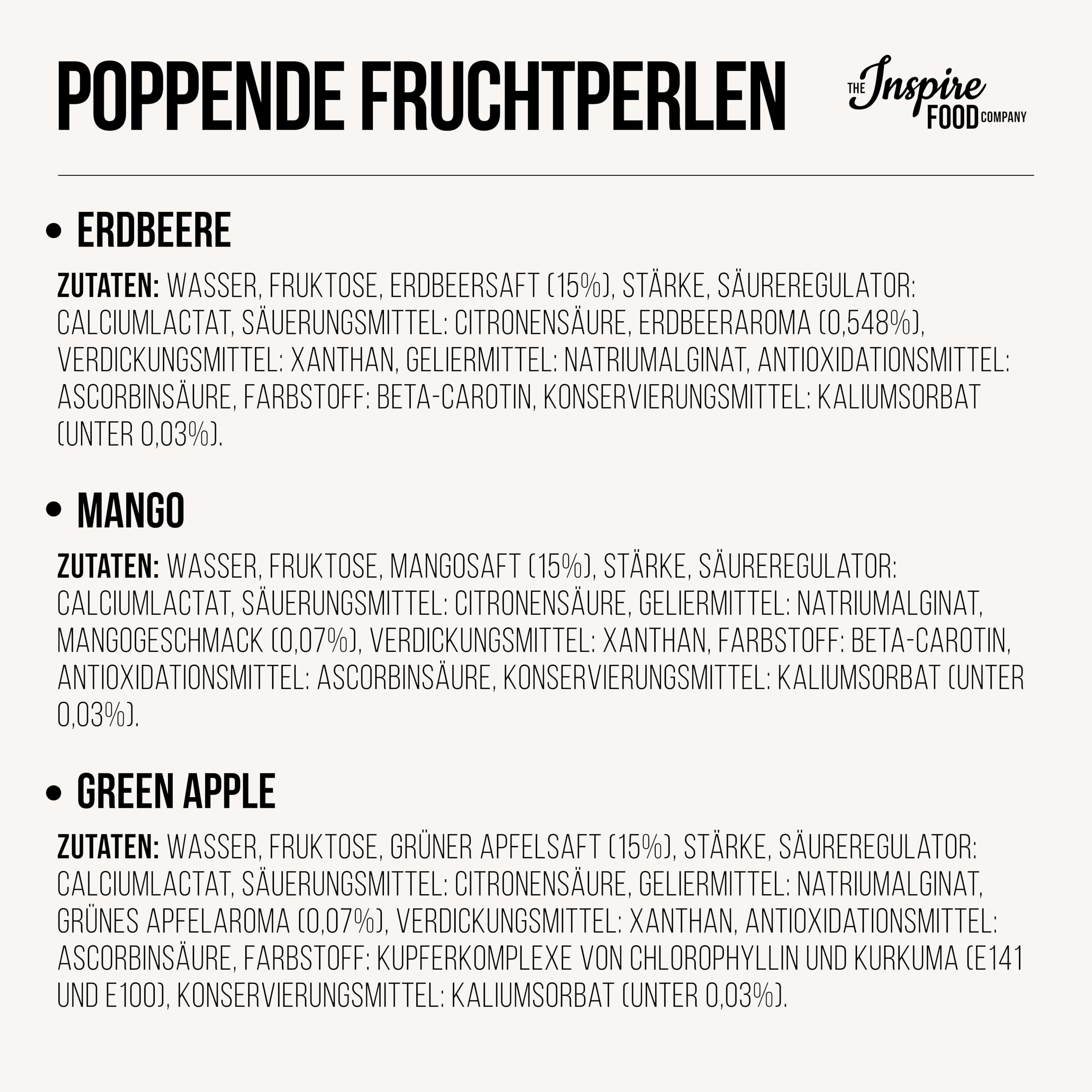 INSPIRE FOOD Bubble Tea Perlen Set - 3er-Pack Popping Boba Fruchtperlen | Erdbeere, Mango, Grüner Apfel | Tapioka Perlen 100% vegan und glutenfrei, ohne künstliche Farbstoff, je 450g