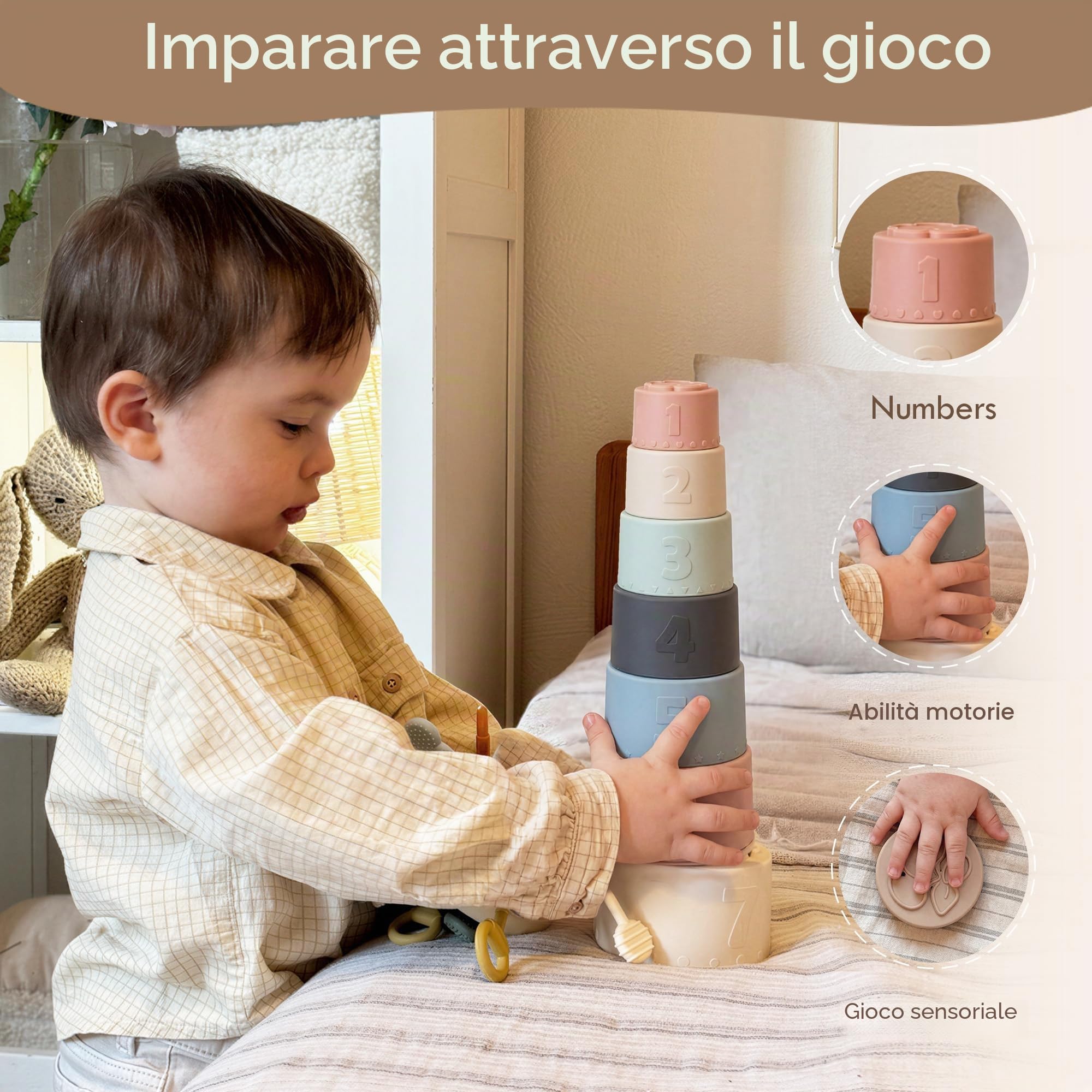 Moonkie Cubi Impilabili Bambini, Giocattoli da Tazza in Silicone, Costruzioni per Bambini, Giochi Montessori, Dentizione Neonato Silicone, Regalo Bambino, 6+ Mesi, 7 Pezzi (Fine Day)