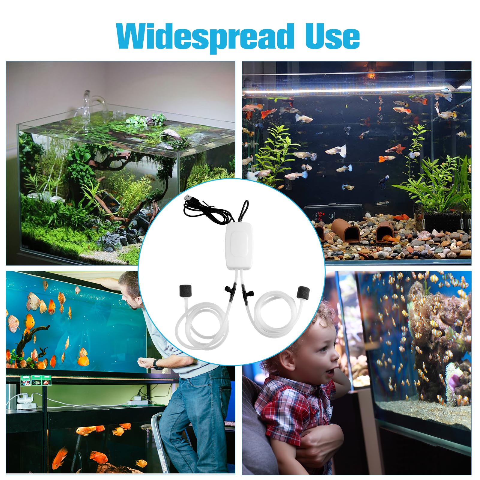 Pompe à air USB avec Double Pierre à air – Mini Pompe à oxygène 1 W économe en énergie, Portable avec Tuyau, Pierre à gazéifier pour Aquarium, Flux d’oxygène Stable pour Aquarium