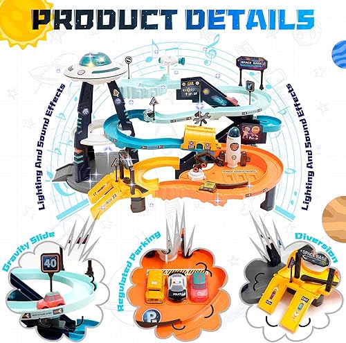 Miniatura 2 de Toy Car Ramp Track Electric Climbing Railcar Vehicles Construction Play Set with 4 Mini Race Cars Space Theme Preschool Gifts for Kids Boys Girls
