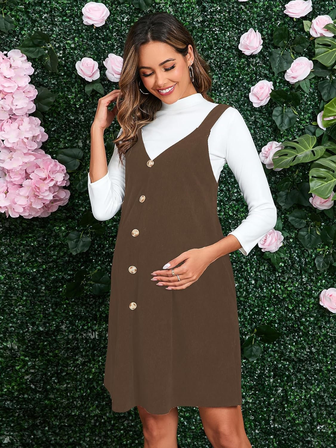 OYOANGLE Women's Maternity Button Front Sleeveless Dress V Neck Straight Pinafore Overall Dresses - Image 3