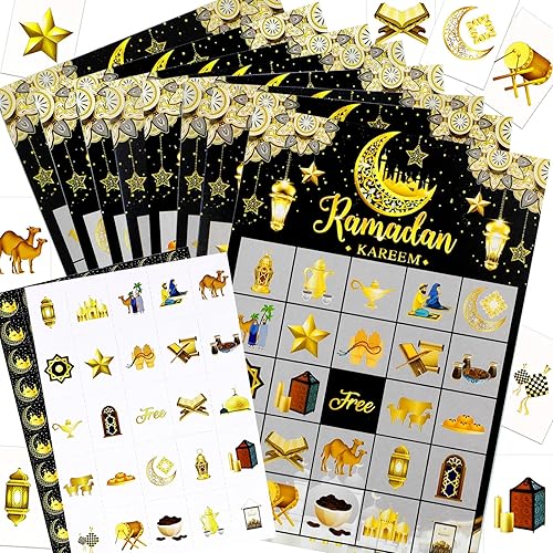 HOWAF Tarjetas de juego de bingo de Ramadan Kareem, juegos de bingo de fiesta de Eid Mubarak para niños, decoraciones de fiesta de Ramadán Mubarak,