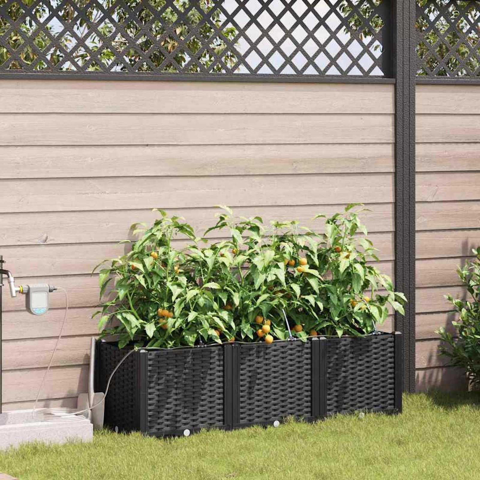 Geecher Vaso da Giardino 3 Pezzi, con Sistema di irrigazione Integrato, 120x40x37,5 cm, in Acciaio Nero, fioriera per Esterno per Principianti e Appassionati di Giardinaggio