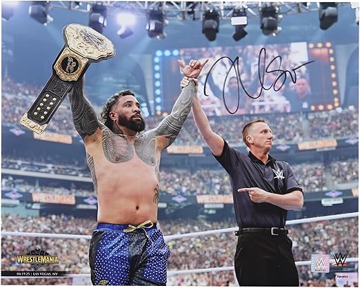Jey Uso WWE Autographed 16" x 20" WrestleMania 41 Raising Title Photograph - Autographed Wrestling Cards