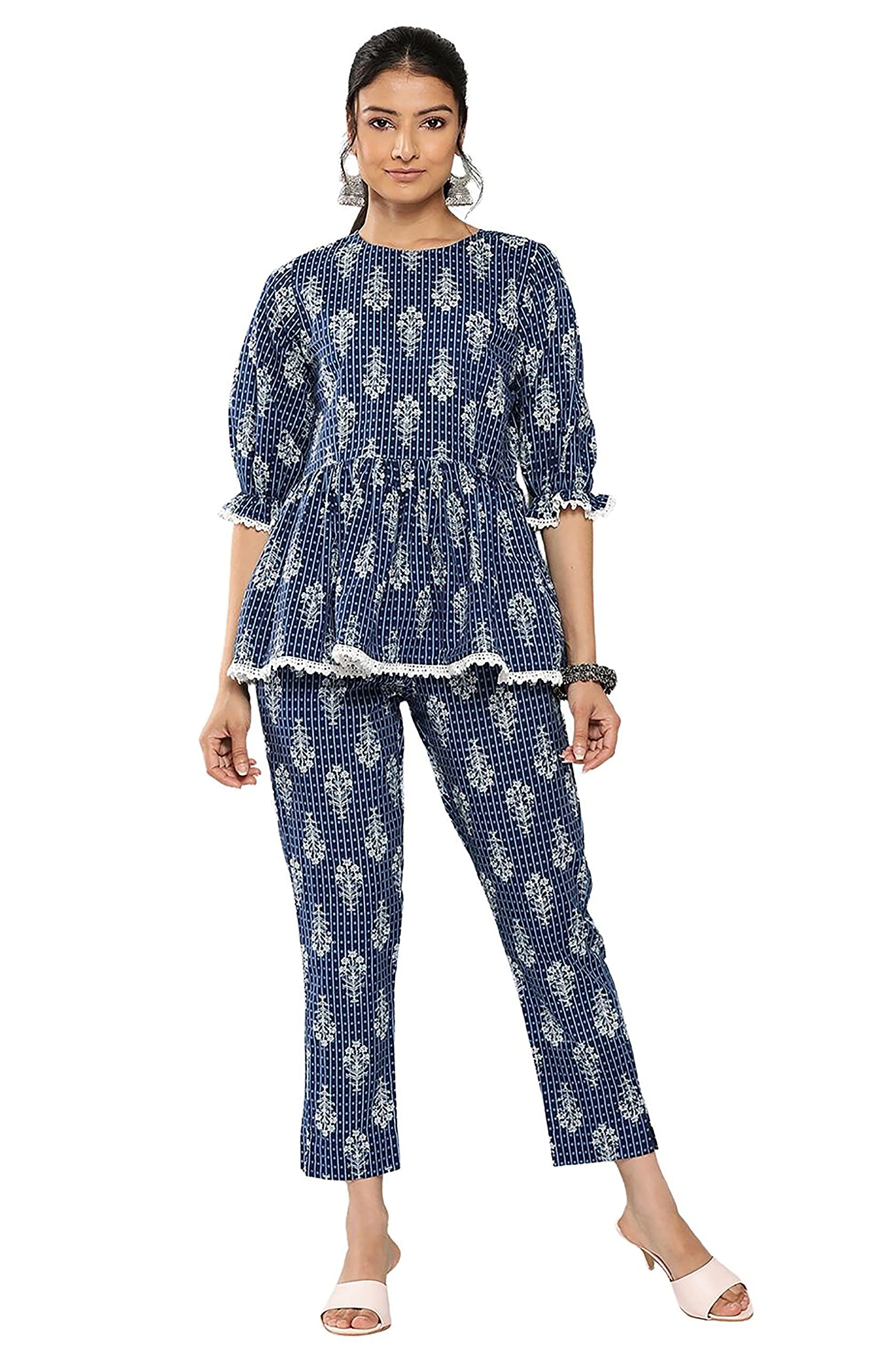 JanasyaIndian Women's Blue Cotton Floral Printed Top with Pant