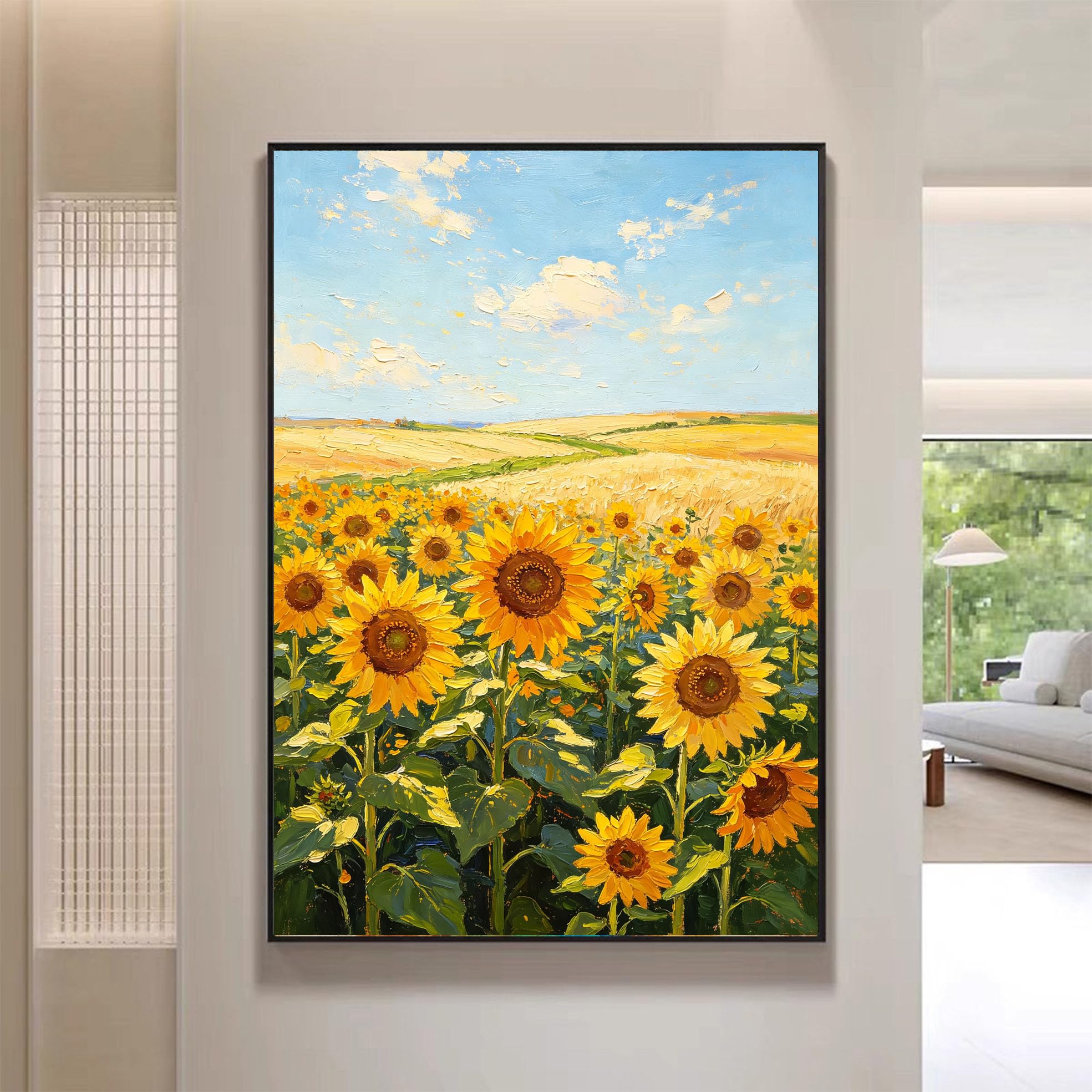 LCDIUDIU Dipinto A Olio Su Tela, Paesaggio Materico Dipinto A Mano, Senza Cornice, Campo Di Girasoli, Grano Dorato, Cielo Blu, Opera D'Arte Su Tela, Prato Rurale, Decorazione Murale per La Casa, Sog