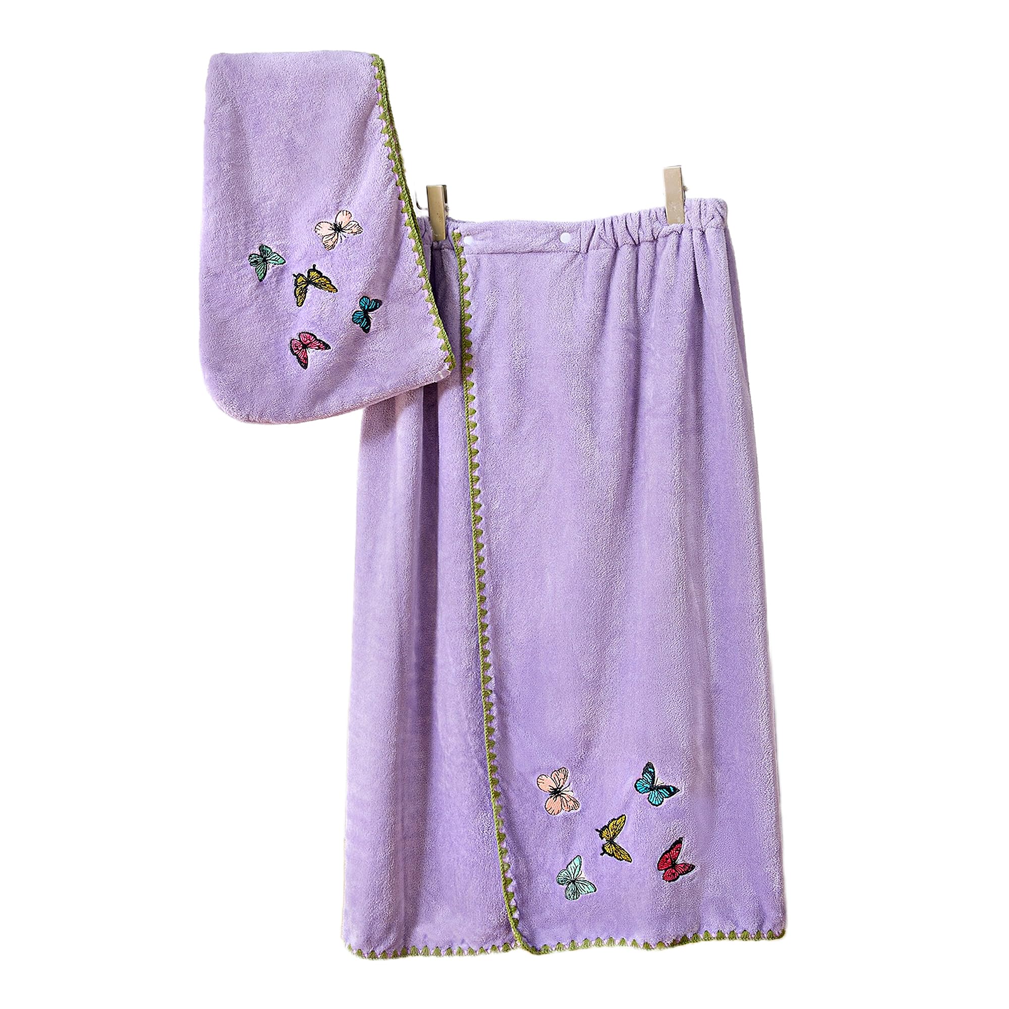 UINSUE 2PCS Hair Drying Cap & Bath Skirt Butterfly Embroidery Coral Fleece Quick Dry Bath Set Soft Spa Wrap for Home Travel Gift Set (Taro Purple)