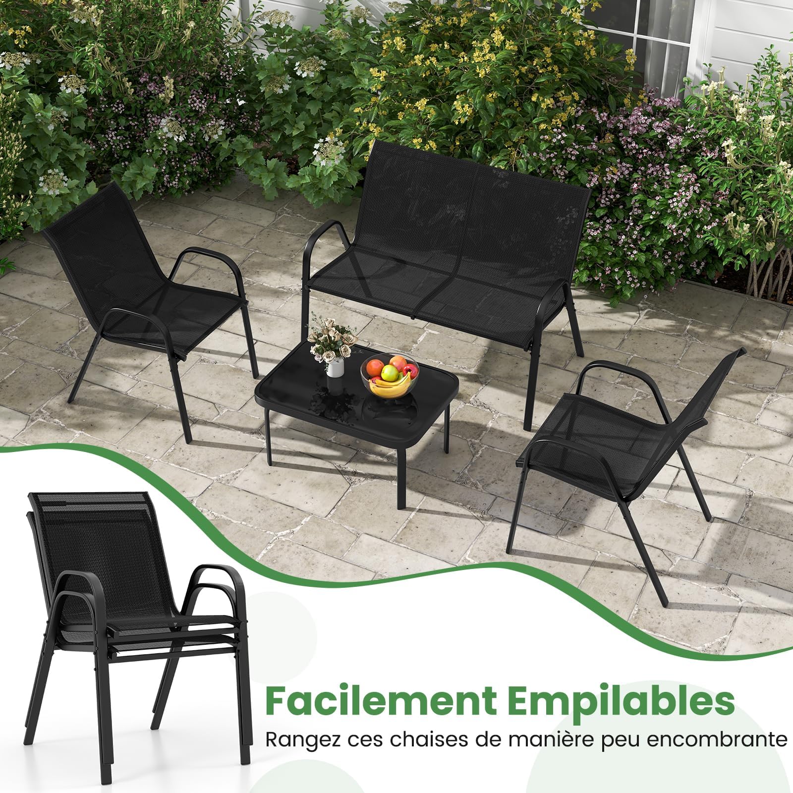 GOPLUS Salon de Jardin 4 Personnes Exterieur, 4 Pcs Canapé Exterieur avec Table Basse en Verre Trempée, 2 Fauteuils, Ensemble de Bistrot pour Terrasse,Balcon (Noir)