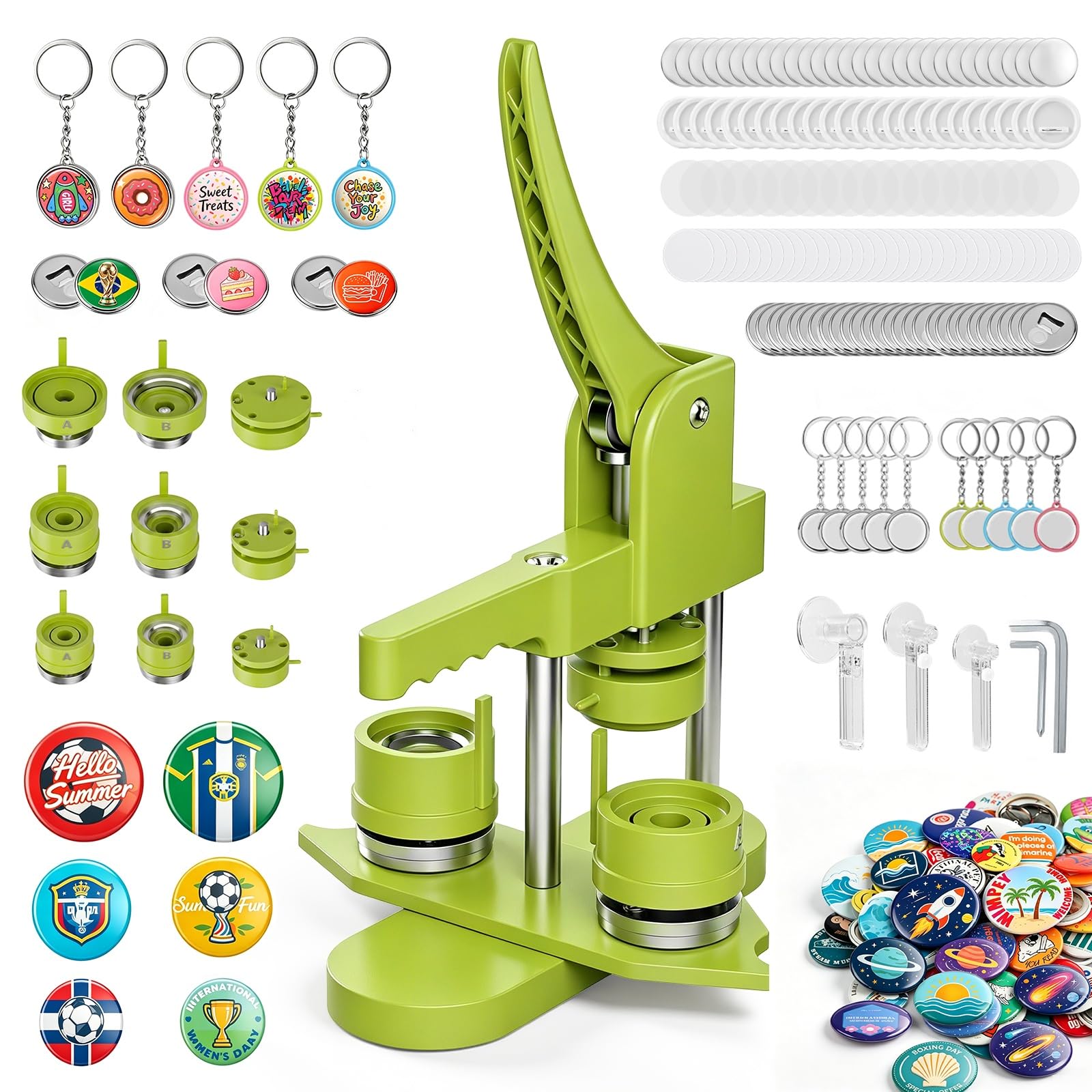 Badge Maker Button Machine with 3 Molds (25+32+58mm) & 300 Pcs Plastic Pinback Button Supplies, DIY Badge Press Kit with Circle Cutter& Keychain Sets& Bottle Opener