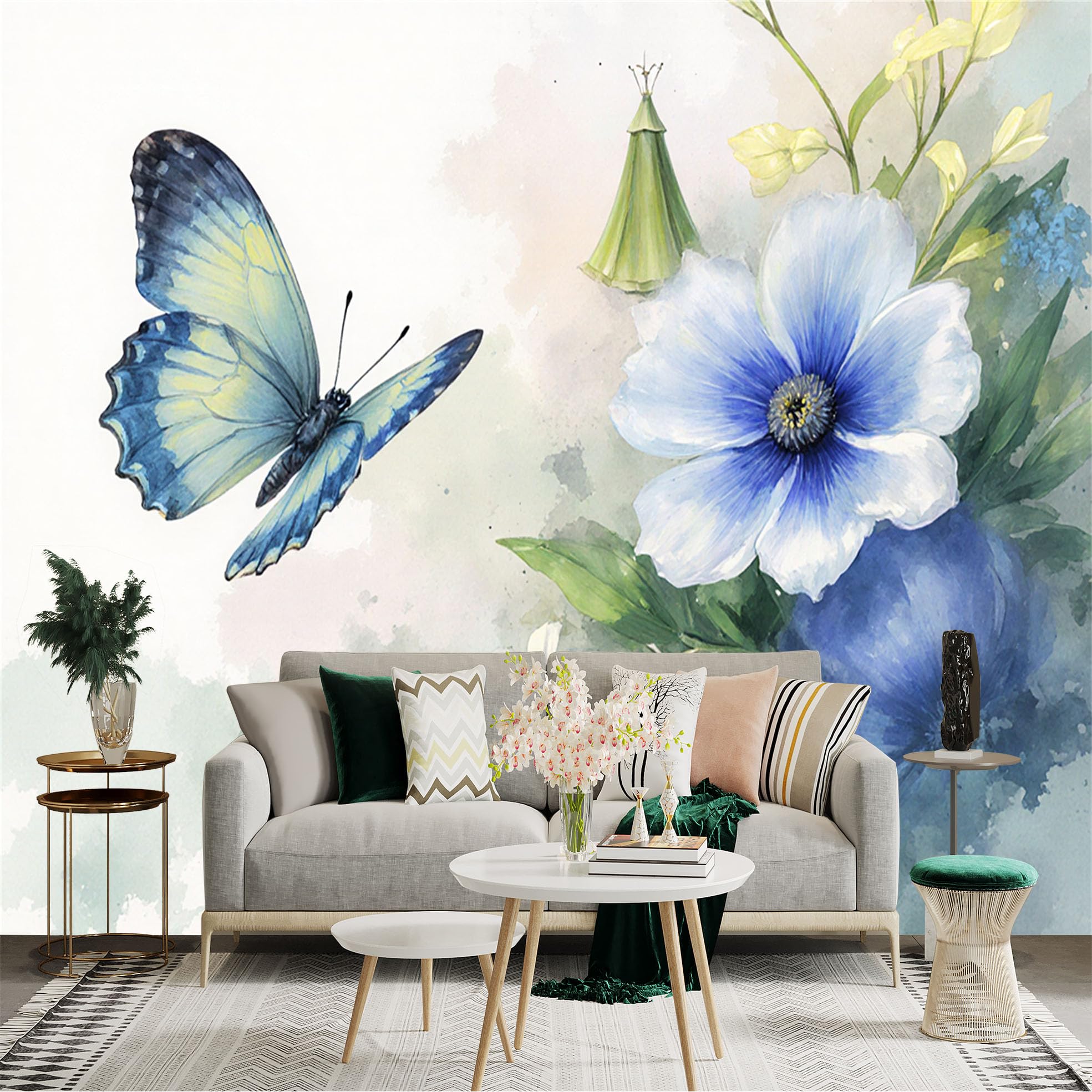 Custom Size Wall Sticker Mural， Blue Butterfly， Watercolor Floral Art， Botanical Garden Elements， Elegant Nature Pattern， for wall Decoration， peelandstick wall Decals.