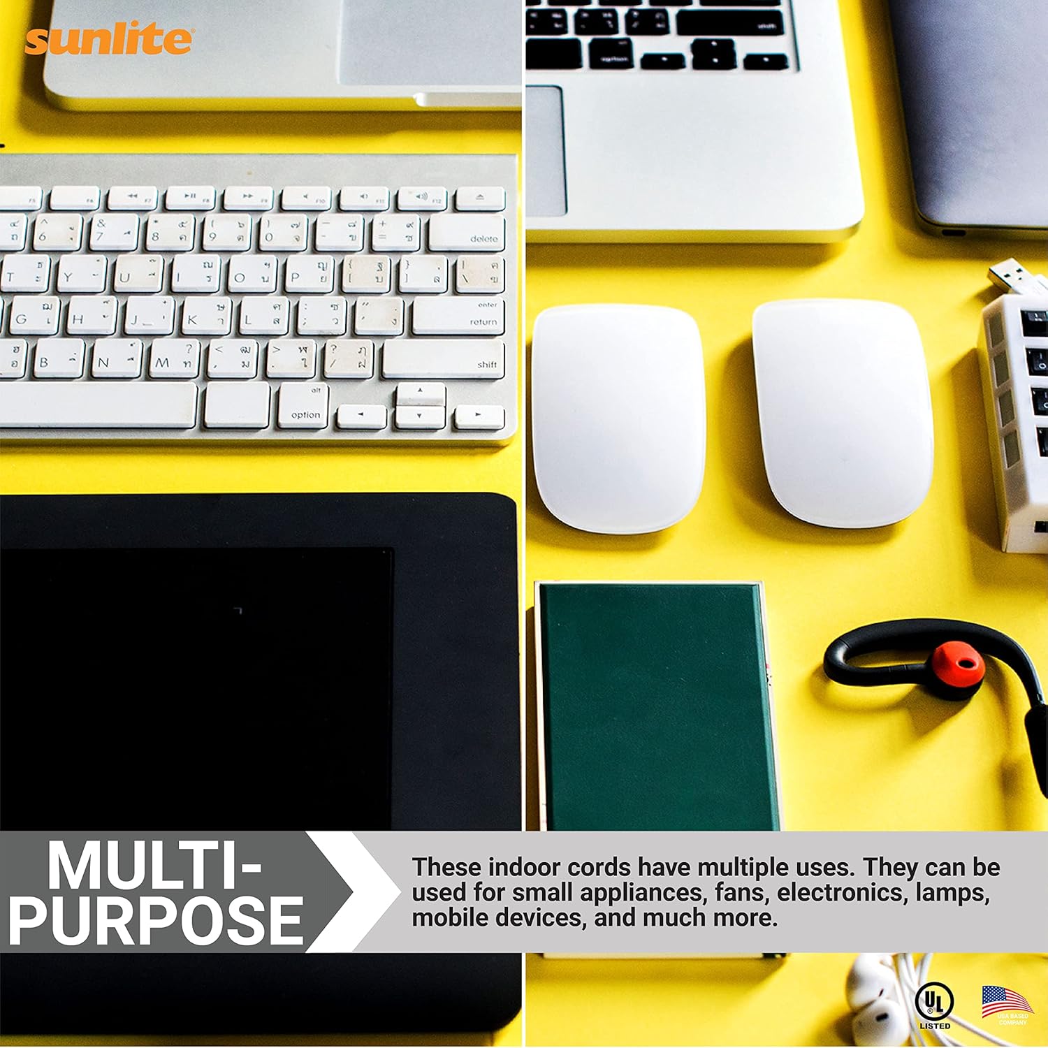 Various electronic devices and small appliances like a laptop, keyboard, mouse, and headphones, illustrating the multi-purpose use of the extension cord.