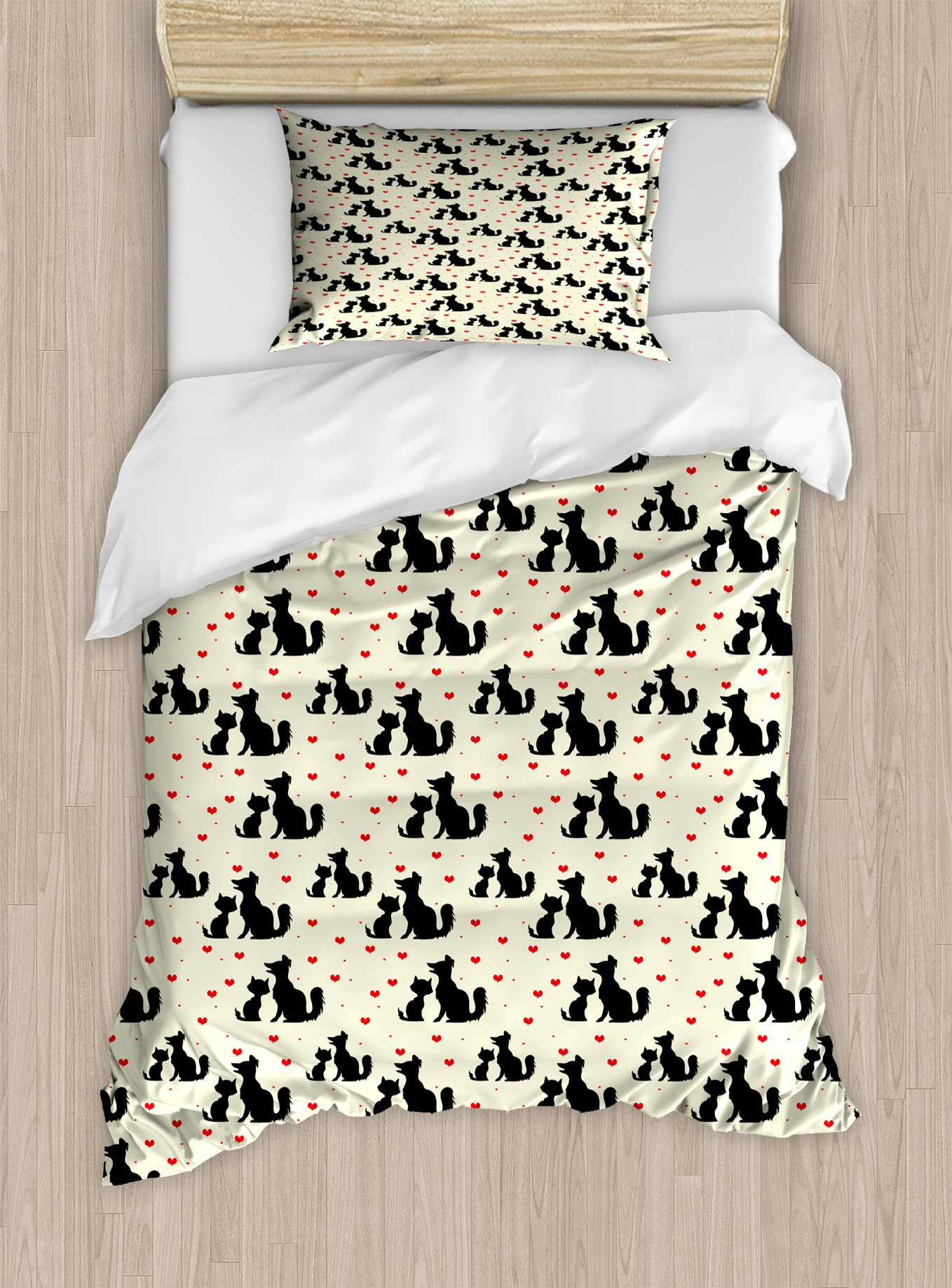 Ambesonne Red and Black Duvet Cover Set, Black Dog and Cat Silhouettes with Red Hearts Domestic Animals Pet Love, Decorative 2 Piece Bedding Set with 1 Pillow Sham, Twin Size, Beige Black