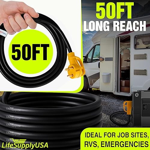 Miniatura 68 de Cable de extensión RV de 50 pies de 50 amperios (14-50P/SS2-50R) con 4 clavijas macho y mango de agarre, hembra con conector de bloqueo giratorio