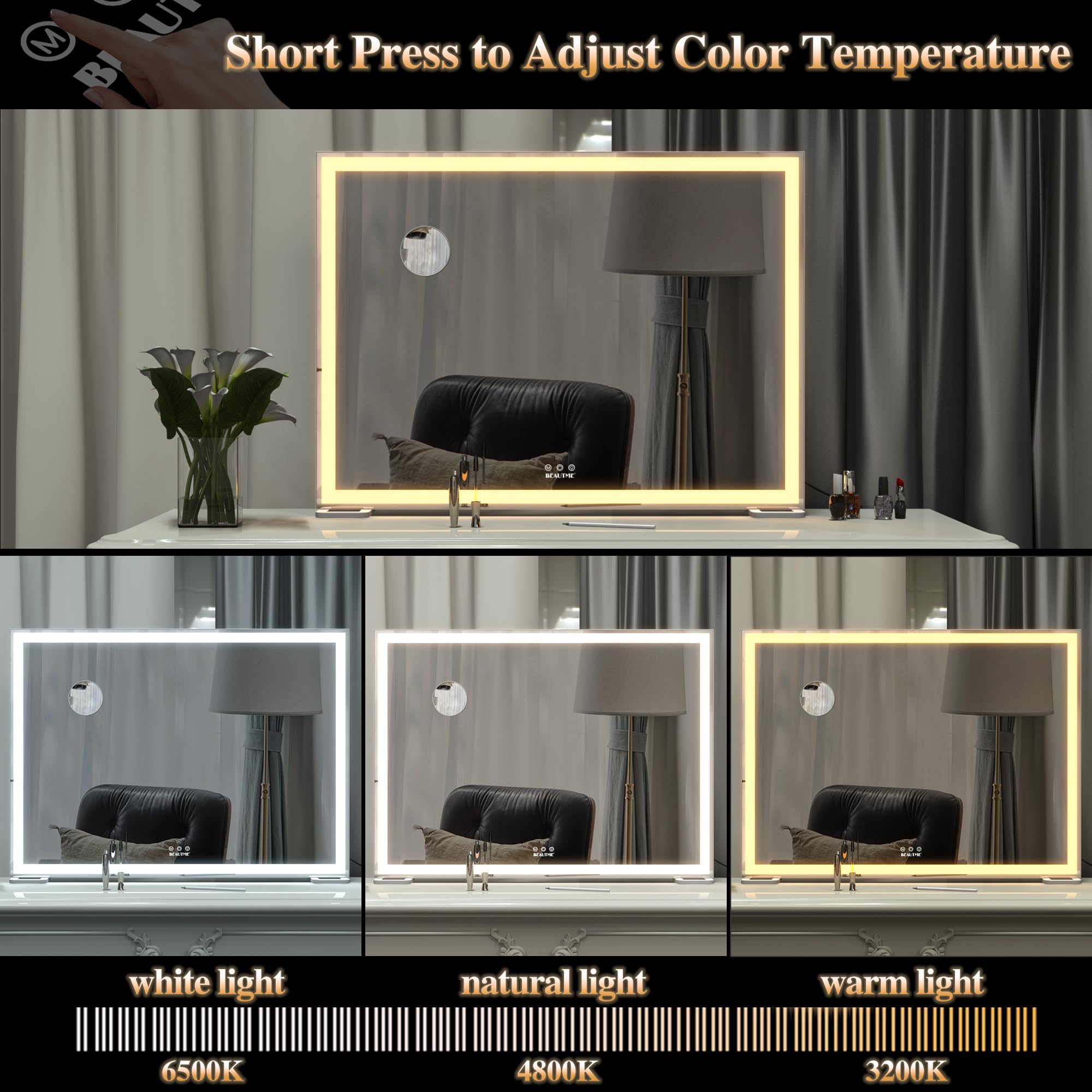 BEAUTME Miroir de courtoisie avec lumières pour table et dressing, miroir de maquillage éclairé Hollywood pour chambre à coucher (920 x 150 x 680 mm) | Miroir grossissant 10x, réglage de la luminosité en continu, 3 options de montage flexibles pour coiffe