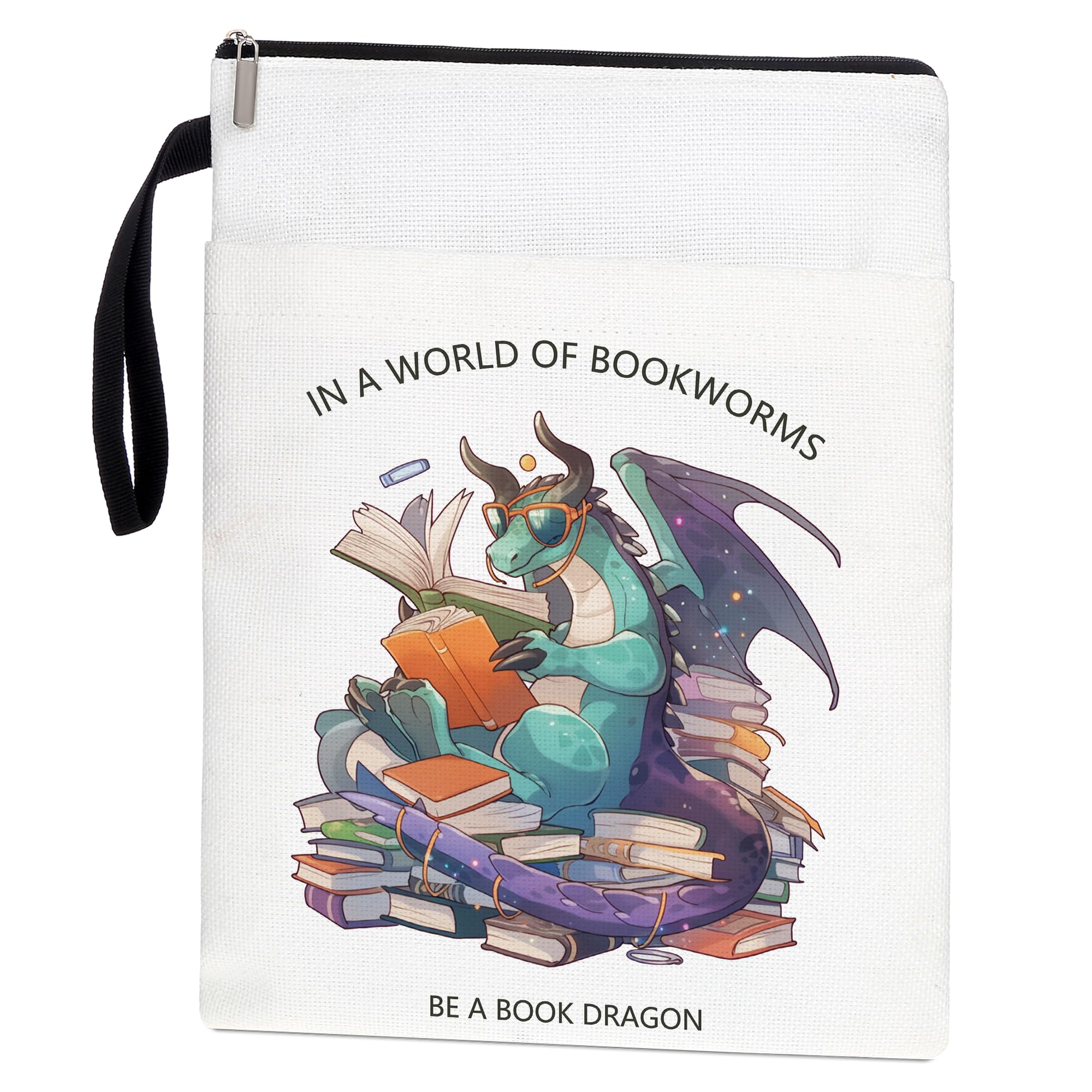 Litenx Book Sleeve with Zipper, Bookworm Style, Black, 11 x 9 inches (outside), 10 x 8 inches (inside), Washable Book Pouch with Pocket for Teen Adult