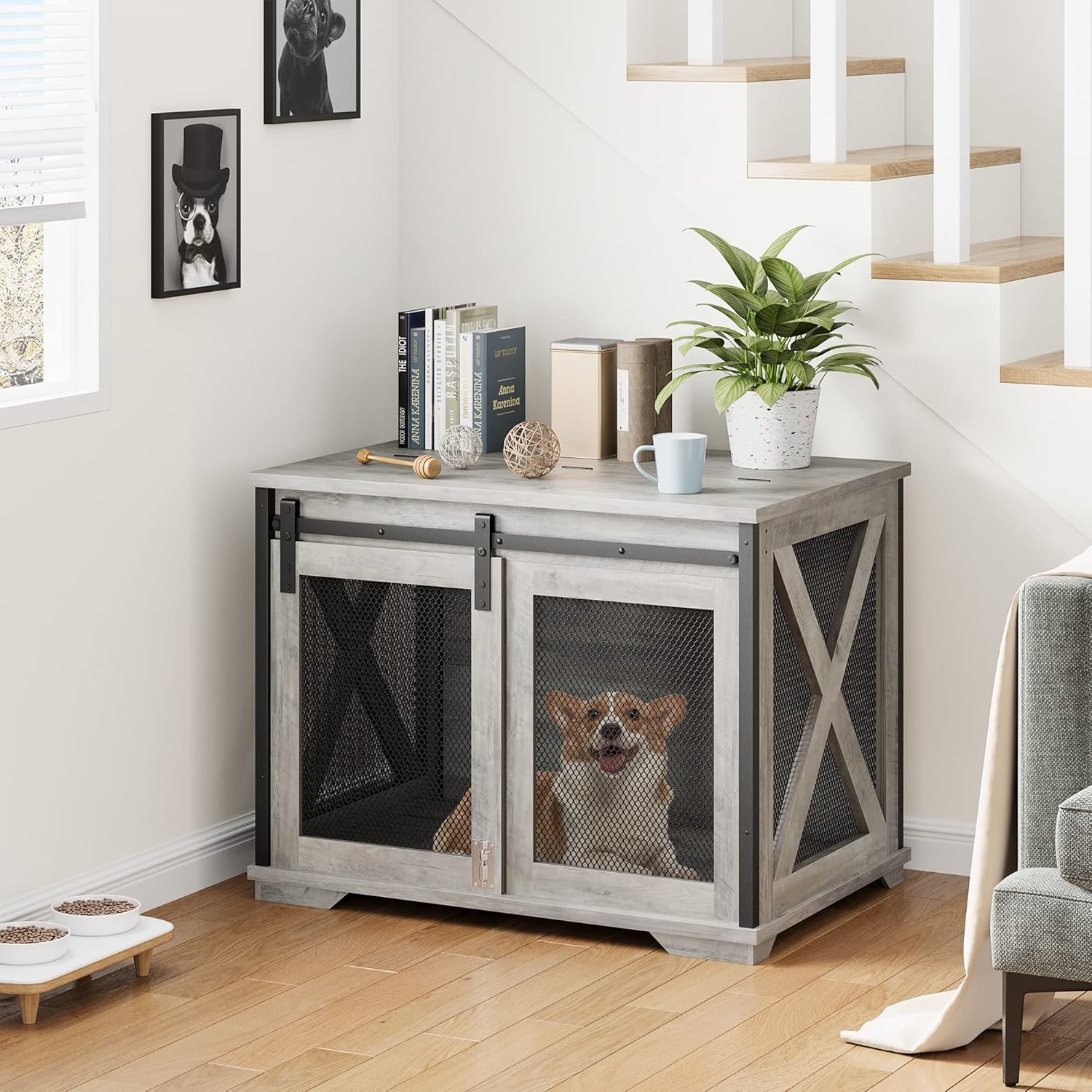 Buy IDEALHOUSE 37'' Sliding Barn Door Dog Crate Furniture with Flip Top