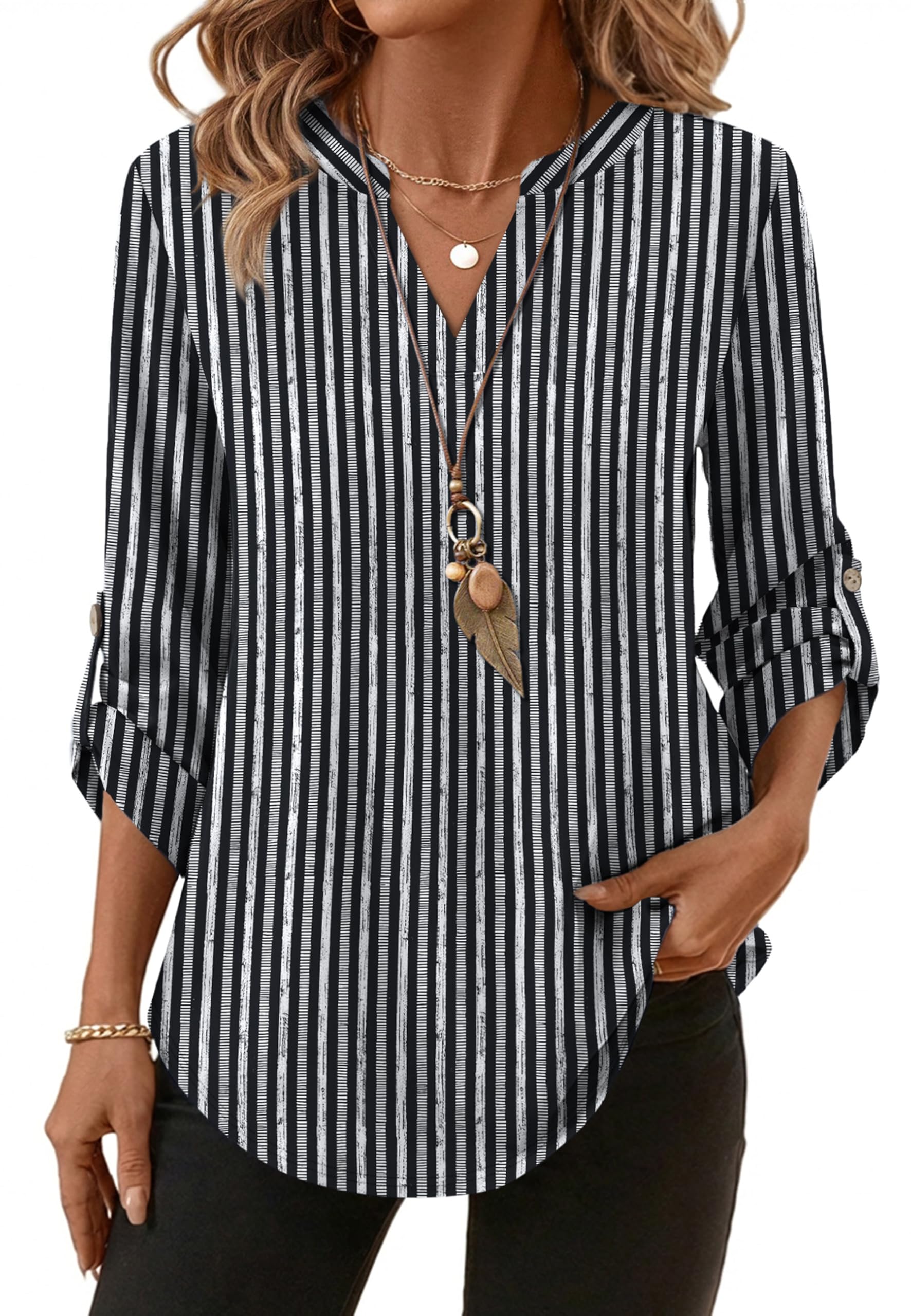 XIEERDUO 3/4 Length Sleeve Womens Tops V Neck T Shirts Both Side Buttons Blouses Business Casual Outfits Loose Fit