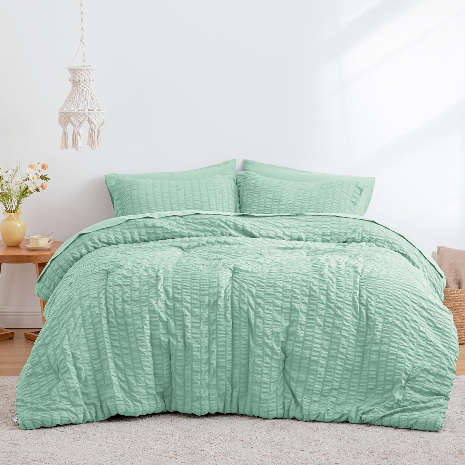  Seersucker Light Green Twin XL Comforter Set, 5-Piece All Season Lightweight Bed in a Bag Bedding Set with Comforter, Flat Sheet, Fitted Sheet, Pillowcase and Sham thumbnail