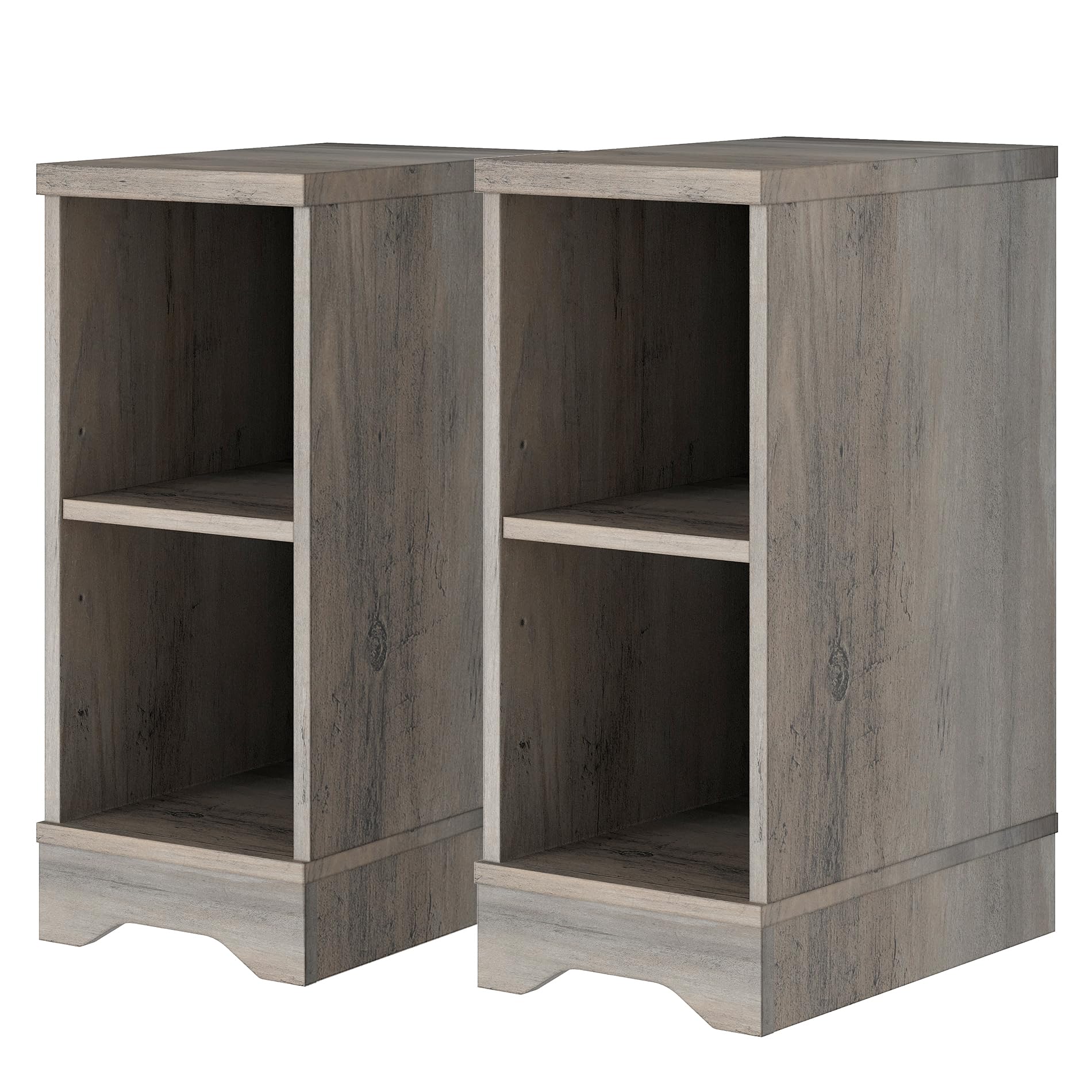 WAMPAT 2 Pack of Small End Table for Living Room, Wood Sofa Side Table with 4 Open Storage Space&Adjustable Shelf for Bedroon, Hallyway, Stone Grey