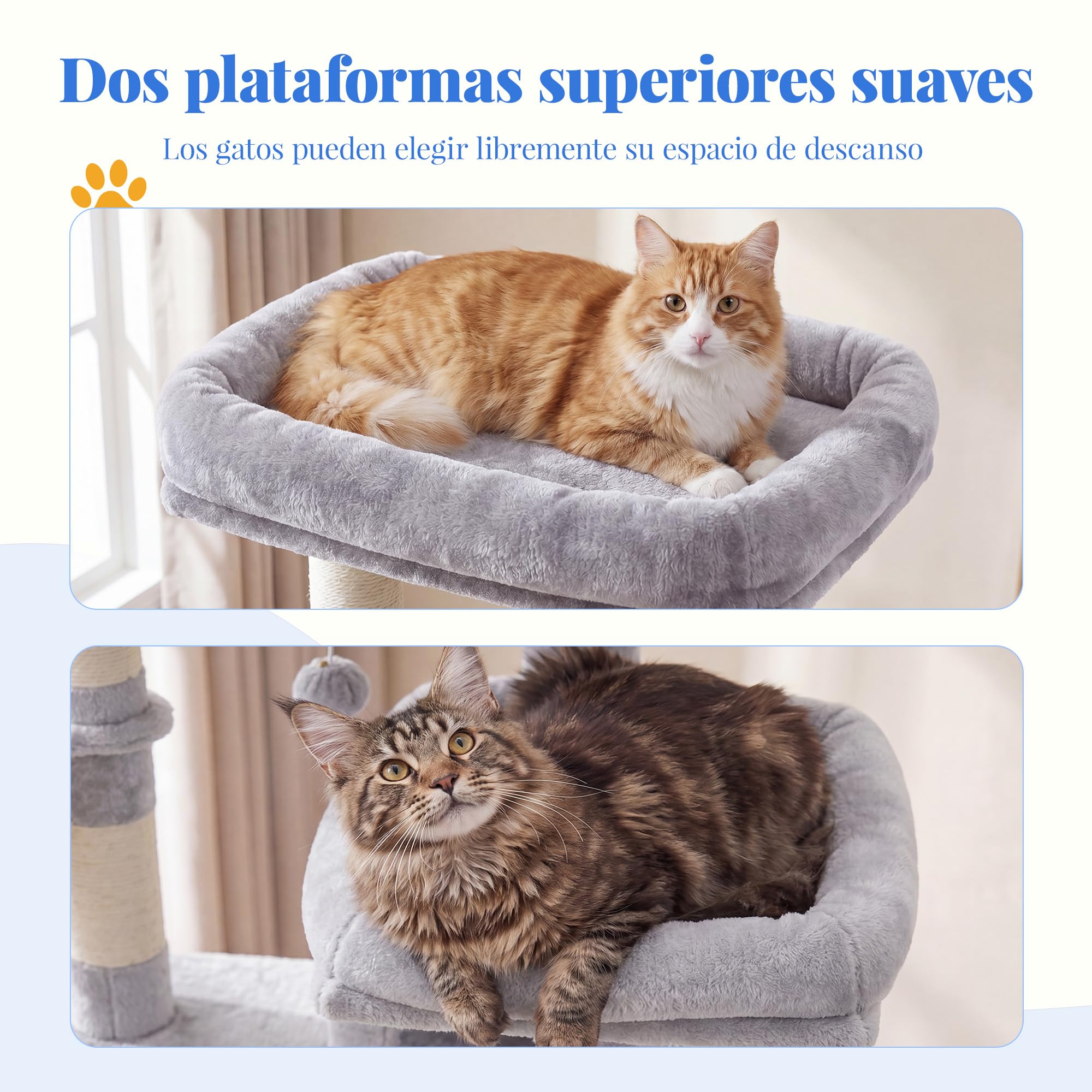 Hey-brother Árbol para Gatos Rascador XXL, Torre de Gatos Multi - Nivel de 188 cm de Altura,con 2 Grandes Plataformas, 3 Cuevas y 2 Cestas, Gris Claro 0EMPJ035-MW
