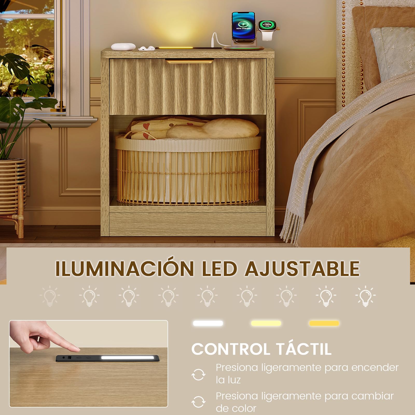 TEENFON Juego de 2 Mesitas de Noche Acanaladas con Enchufe y USB, Mesa Auxiliar con Luz LED, 1 Cajón y Compartimento Abierto, para Dormitorio, Madera Natural
