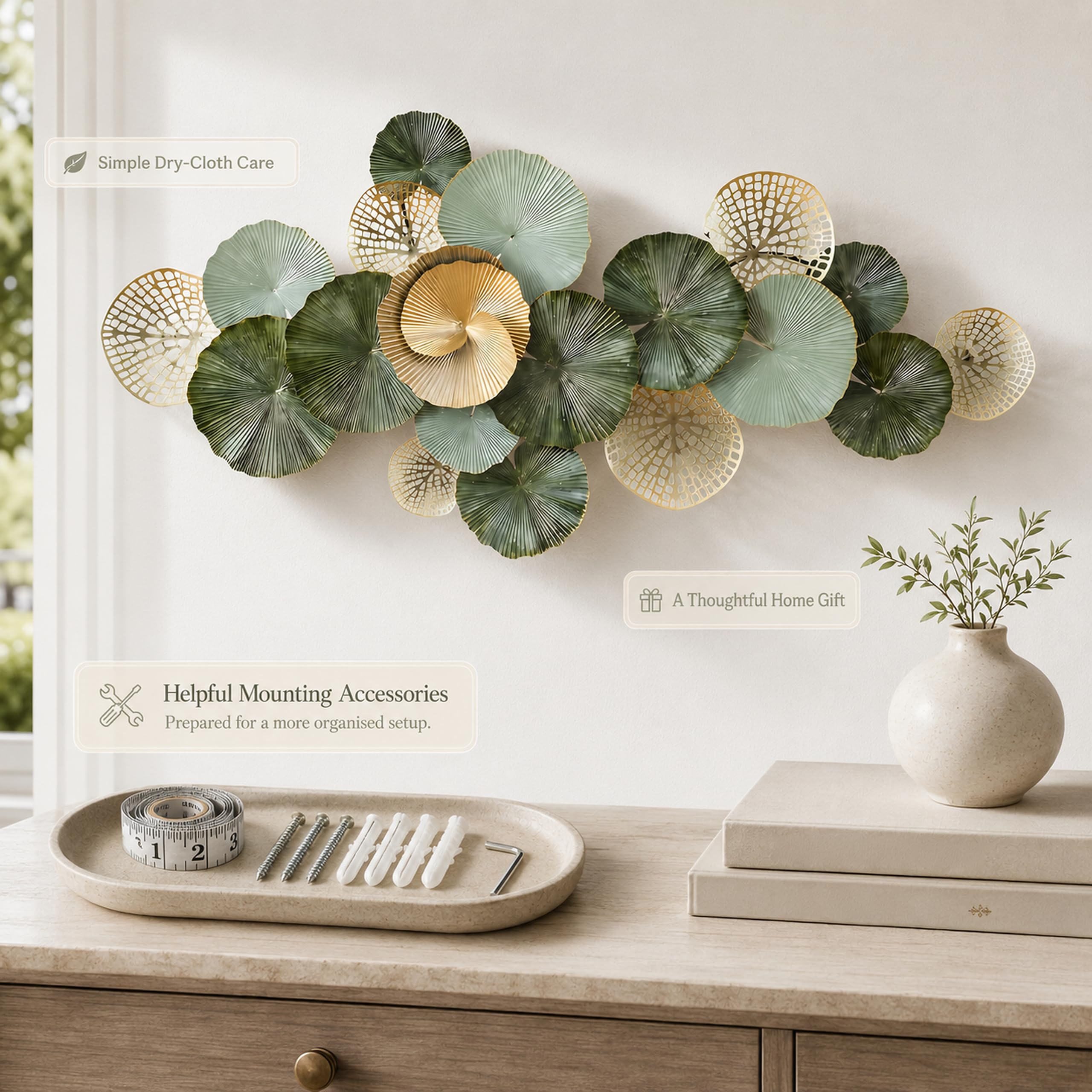 Decoración de Pared,Diseño Botánico Metálica Hecha a Mano | Limpieza Sencilla,Montaje Vertical y Horizontal,Adornos Pared para Salón Dormitorio Oficina - 150CM