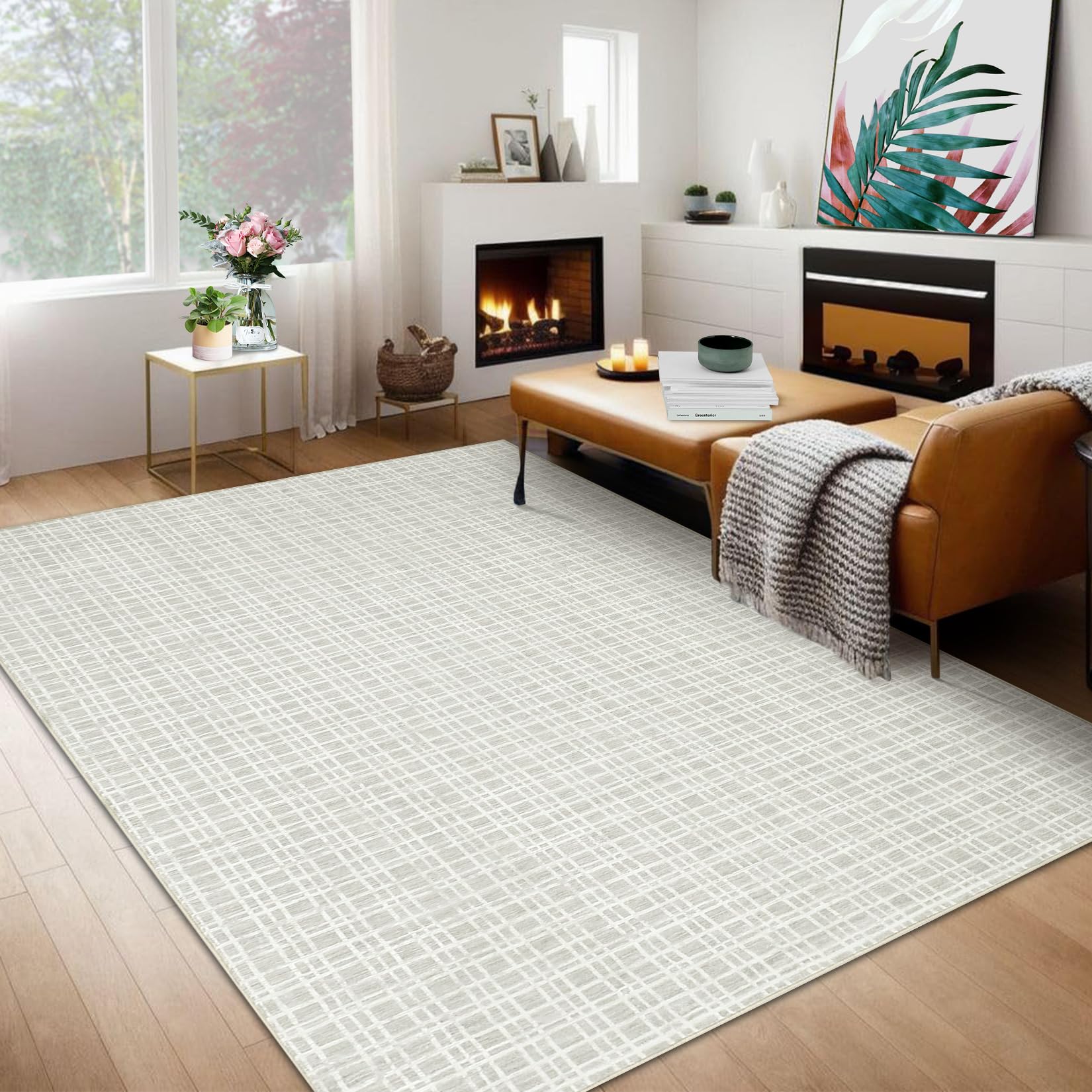 GarveeHome Area Rugs for Living Room 8x10 Washable Rug Modern Plaid Area Rugs for Bedroom Indoor Soft Faux Wool Floor Cover Non-Slip Low Pile Accent