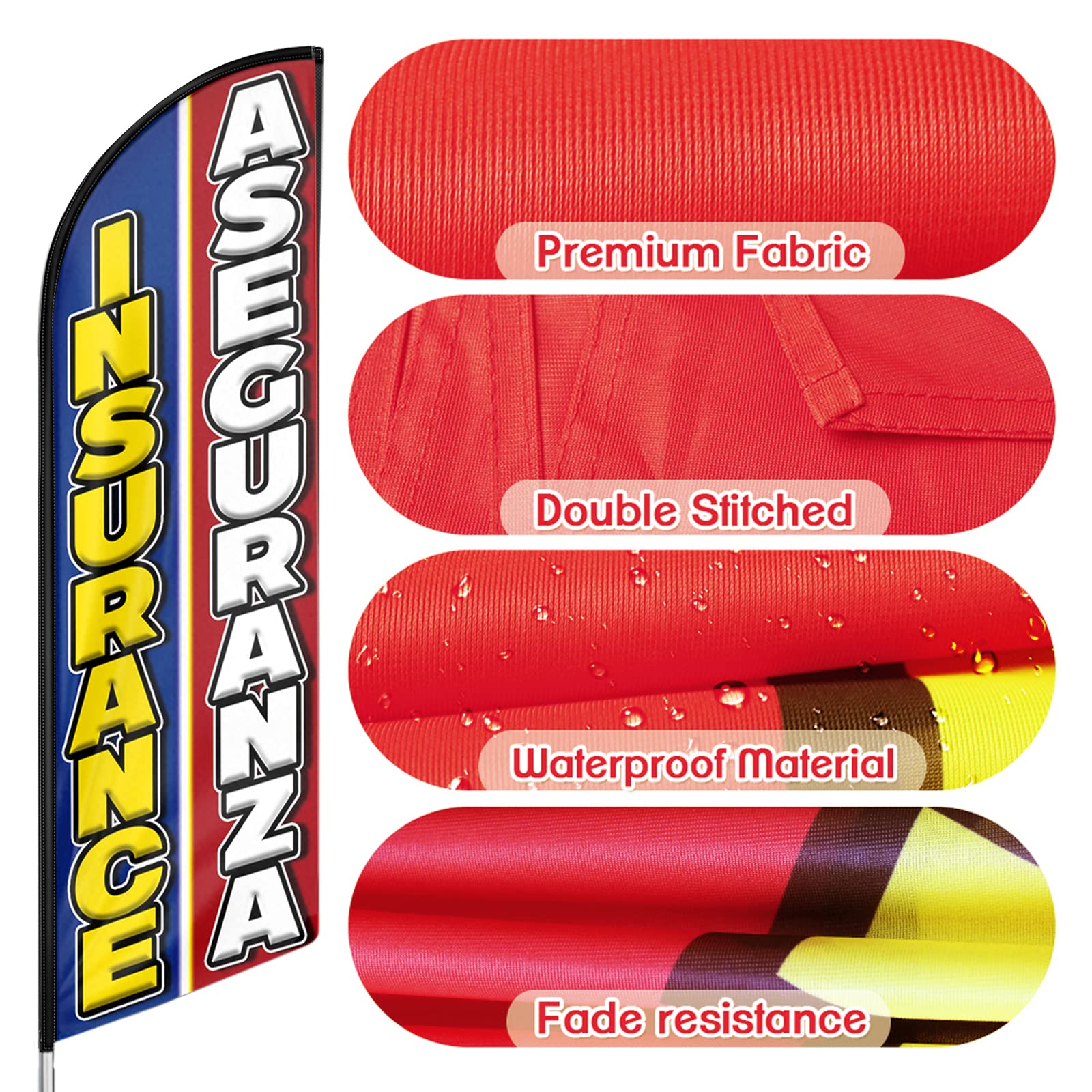 Bandera de seguro, banderas de seguro con kit de poste de 11 pies, bandera de seguro con juego de poste para negocios, bandera de plumas publicitarias para tiendas de seguros
