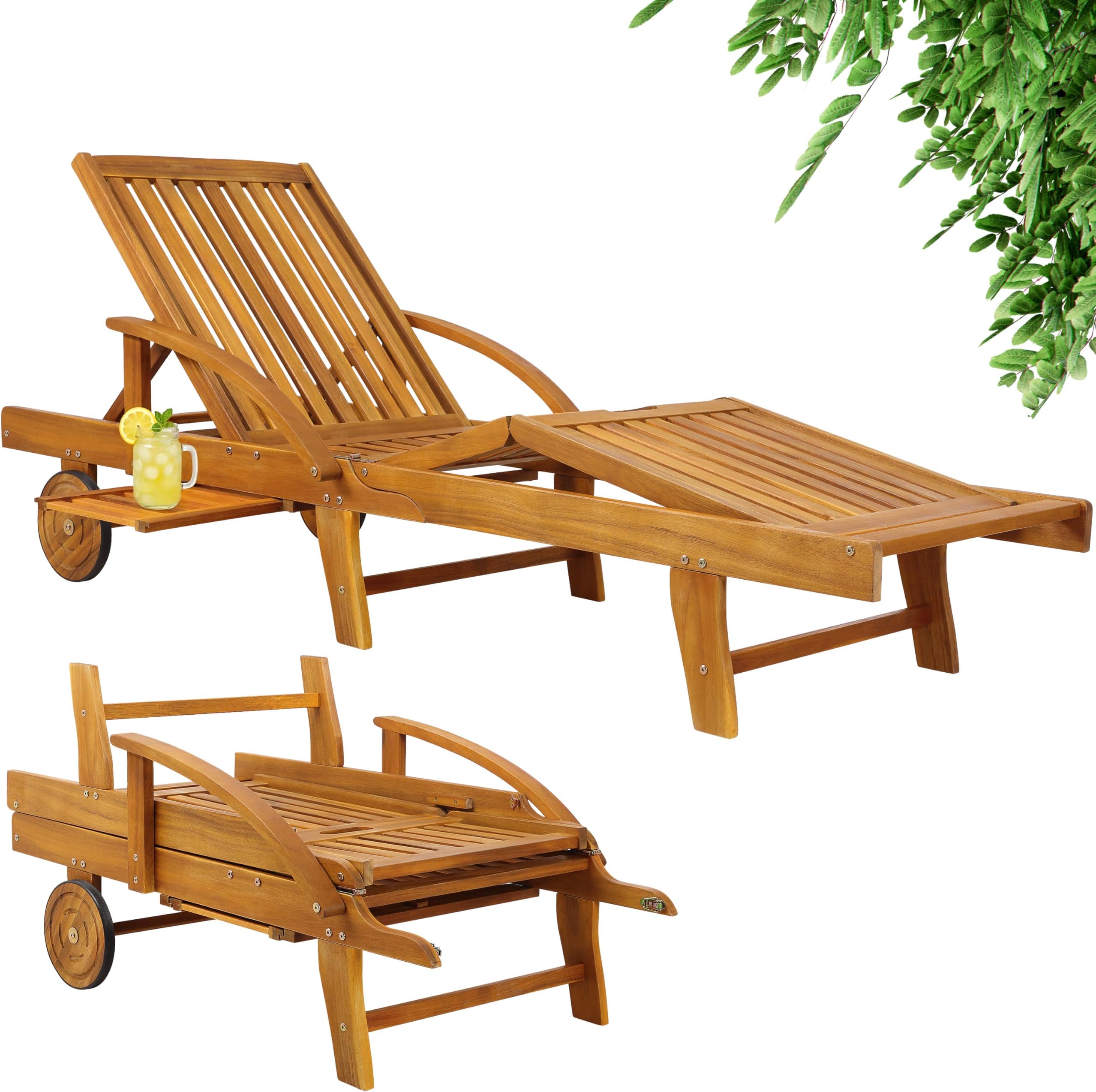 CASARIA® Sun Lounger Tami Sun | Acacia Wood | Foldable Adjustable | Extendable Table | Garden Sun Bed | Reclining Deck Chair | Wooden Garden Sunlounger
