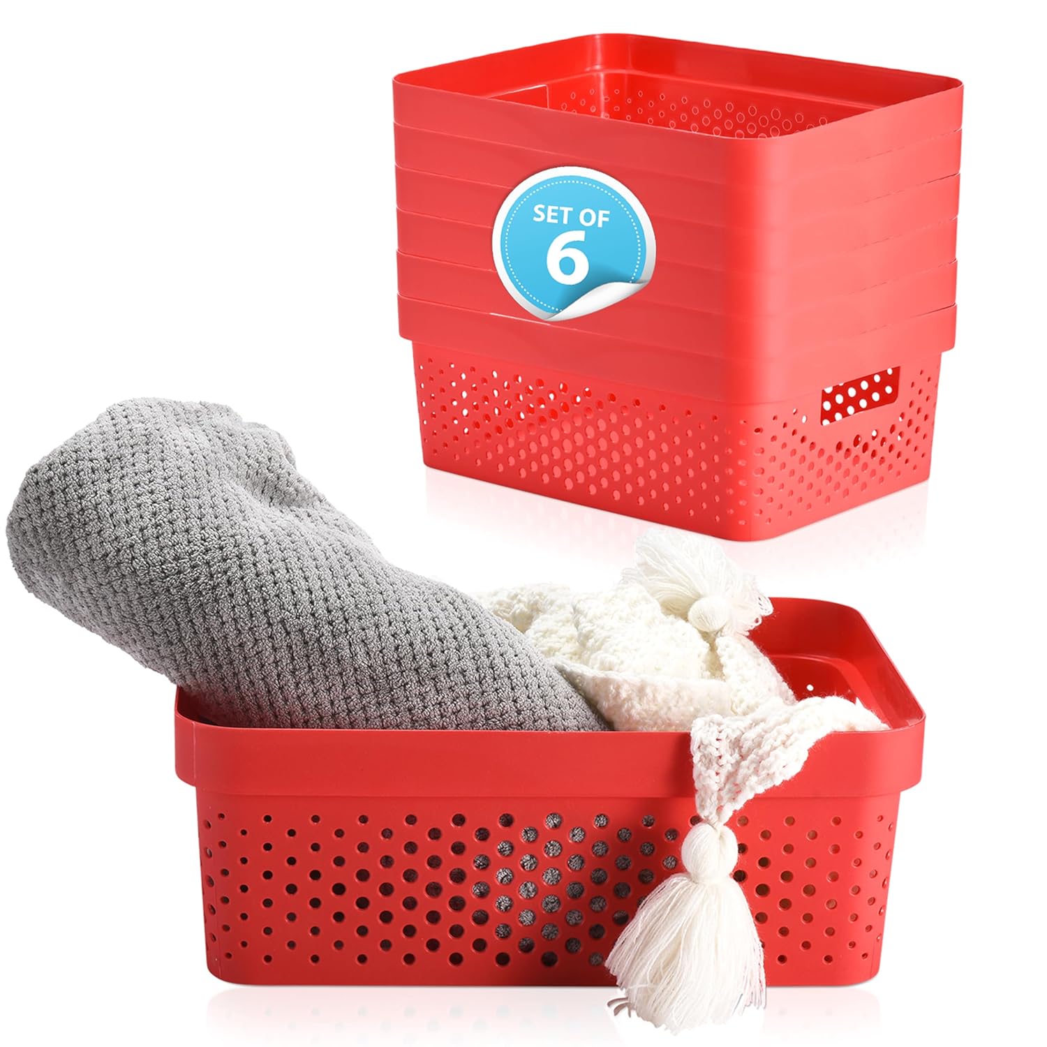 Bins & Things Plastic Storage Bin - Basket Organizer Bins - Suitable as Laundry Bin, Closet Basket, Book Shelf, Pantry Storage - Room Essentials - For Bathroom, Cabinet, & Kitchen - Set of 6 - Red