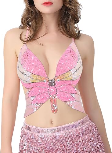 Miniatura 2 de Camiseta corta sexy con lentejuelas en forma de mariposa para mujer, con cordones, camiseta sin mangas para danza del vientre