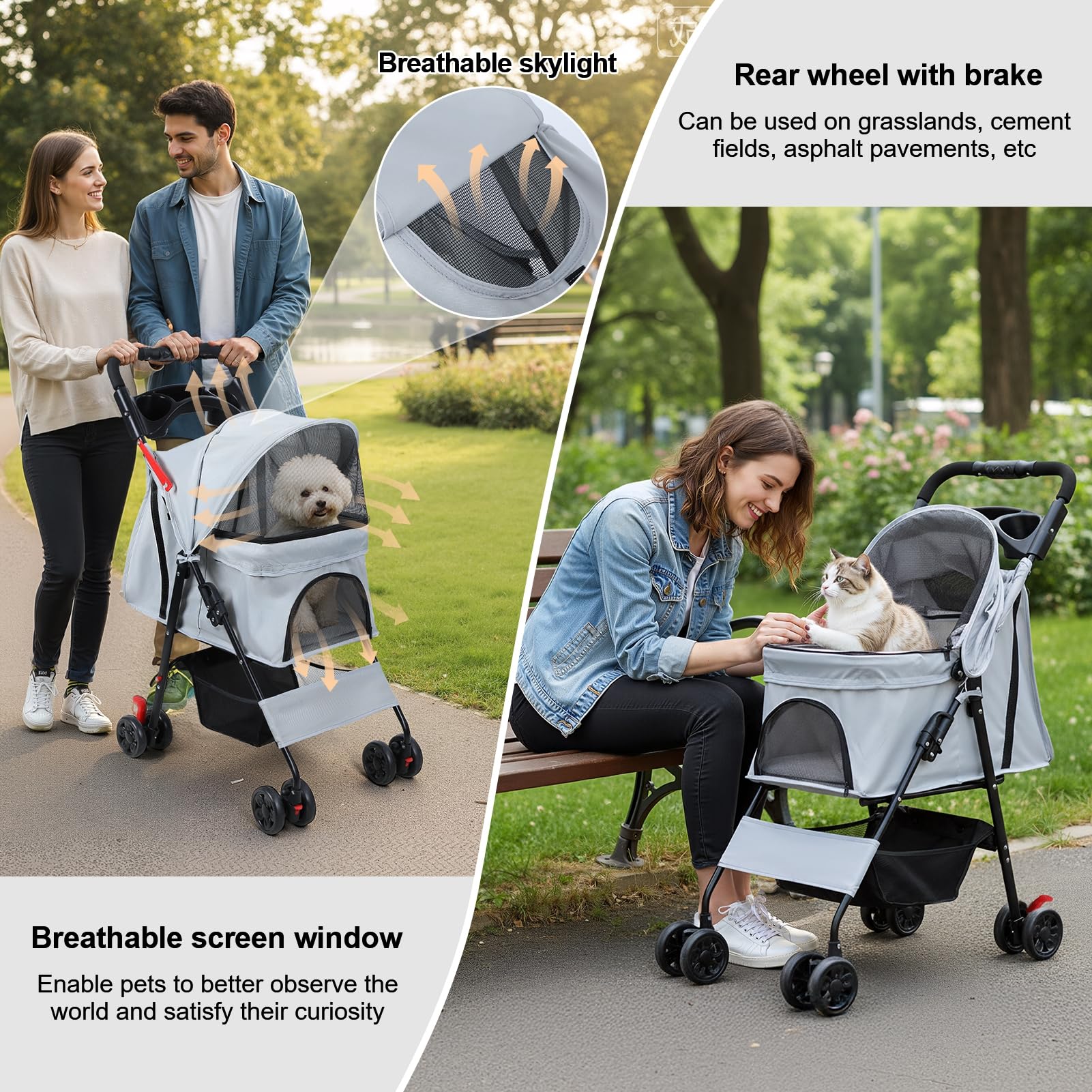 Poussette pliable pour chien jusqu'à 10 kg, poussette pour chien et chat avec fenêtres en filet, roues avant à 360°, freins arrière, ceinture de sécurité, porte-gobelet et panier de rangement, gris