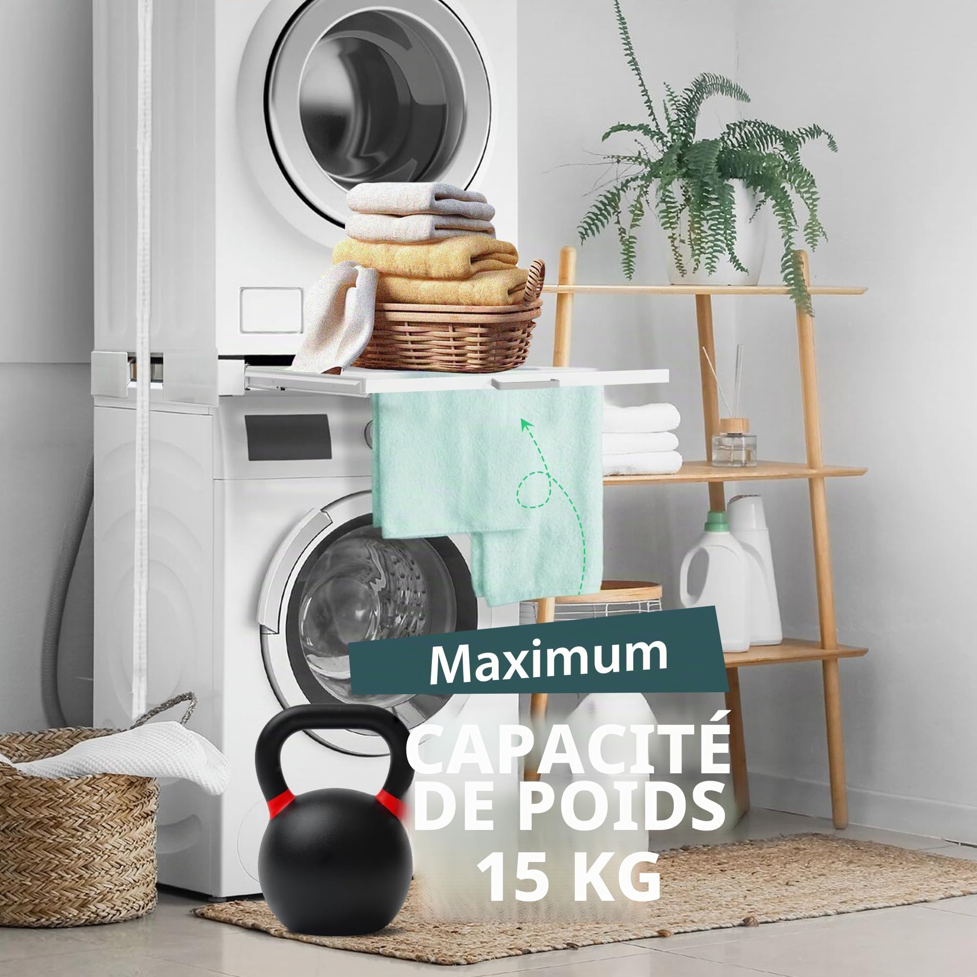 Hd-Line Cadre intermédiaire universel – Système de suspension – Pour machine à laver et sèche-linge, avec compartiment extractible, amortissant les vibrations et anti-basculement Dimensions, 15kg