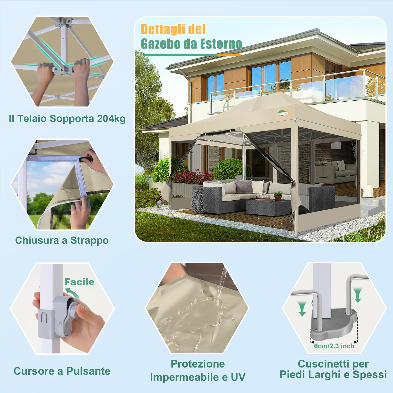 COBIZI Gazebo pieghevole 3x4,5 m con zanzariere, impermeabile e stabile | Protezione UV, altezza regolabile su 3 livelli, tessuto Oxford 420D, borsa inclusa