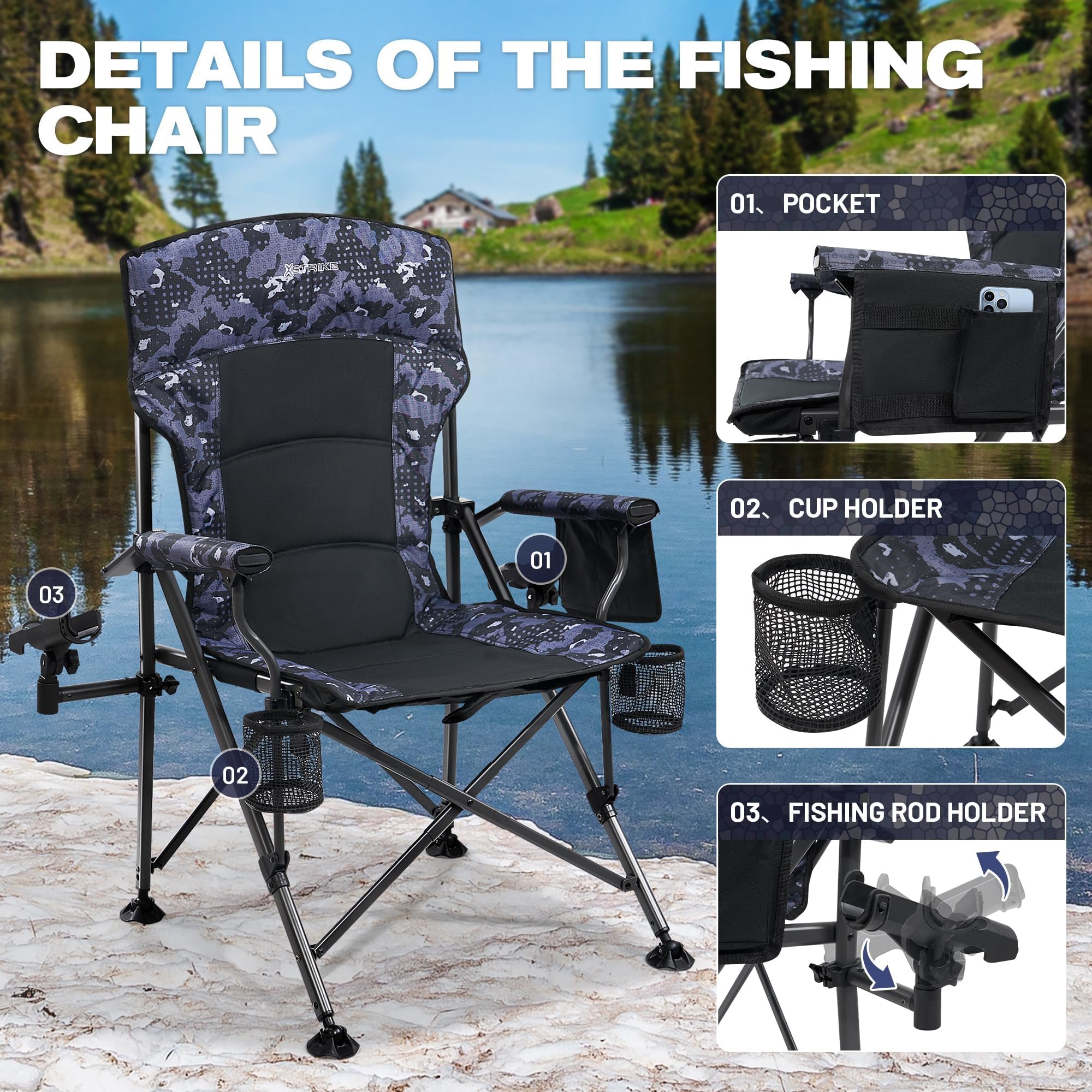 Chaise De Pêche Pliante Avec Dossier Réglable Et Support De Canne à Pêche – Fauteuil Portable En Métal Avec Pieds Rotatifs à 360° Pour Camping